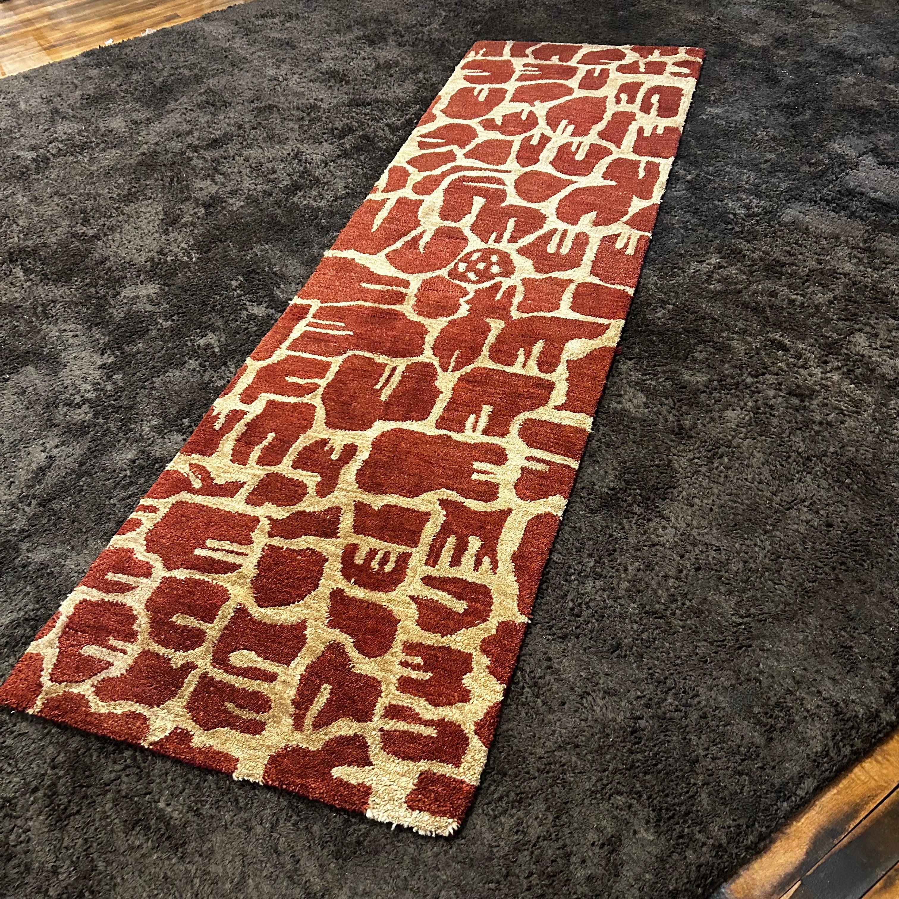 Runner Rug, Tribal Animal Shape Motif, Wool Blend, Rust and Tan