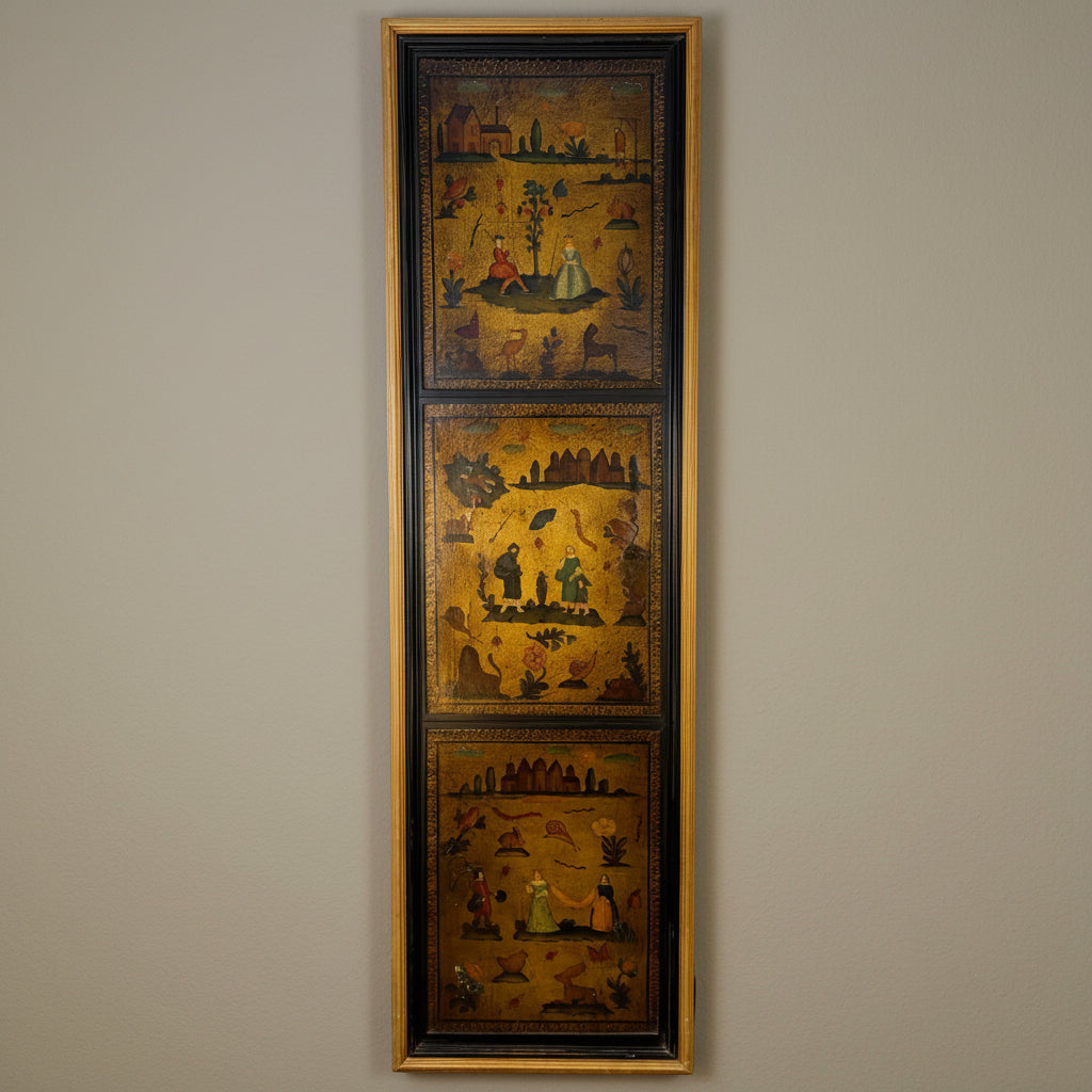 Wall Art, Hand Painted Vintage Pictorial Triple Scene on Leather, Sku: 033579