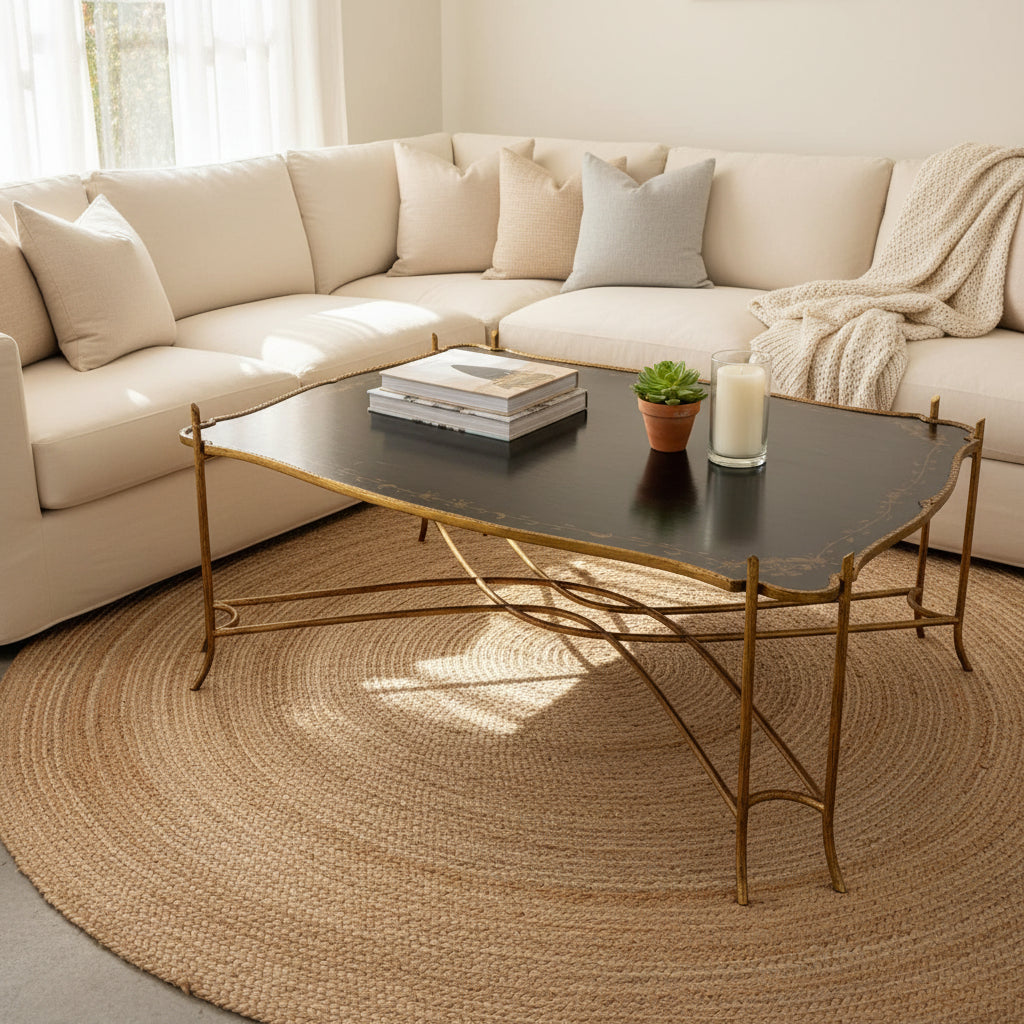 Dennis & Leen Coffee Table, Extra Large, Rectangle, Chinoiserie Tray Top, Gilt Metal Base, Sku: 033609