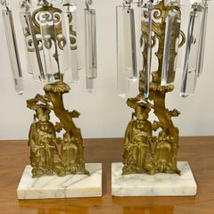 Pair Crystal Candle Stick Holders, Gilt, Ornate, Antique