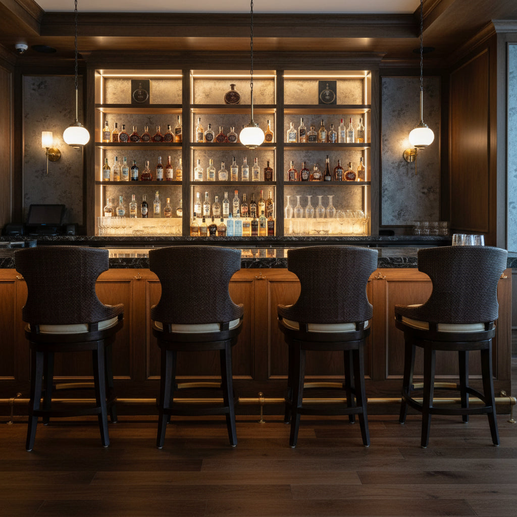 Palecek Rhodes Swivel Bar Stools, Woven Rattan Back, Leather, Counter Height, Set of Four, Sku: 033682