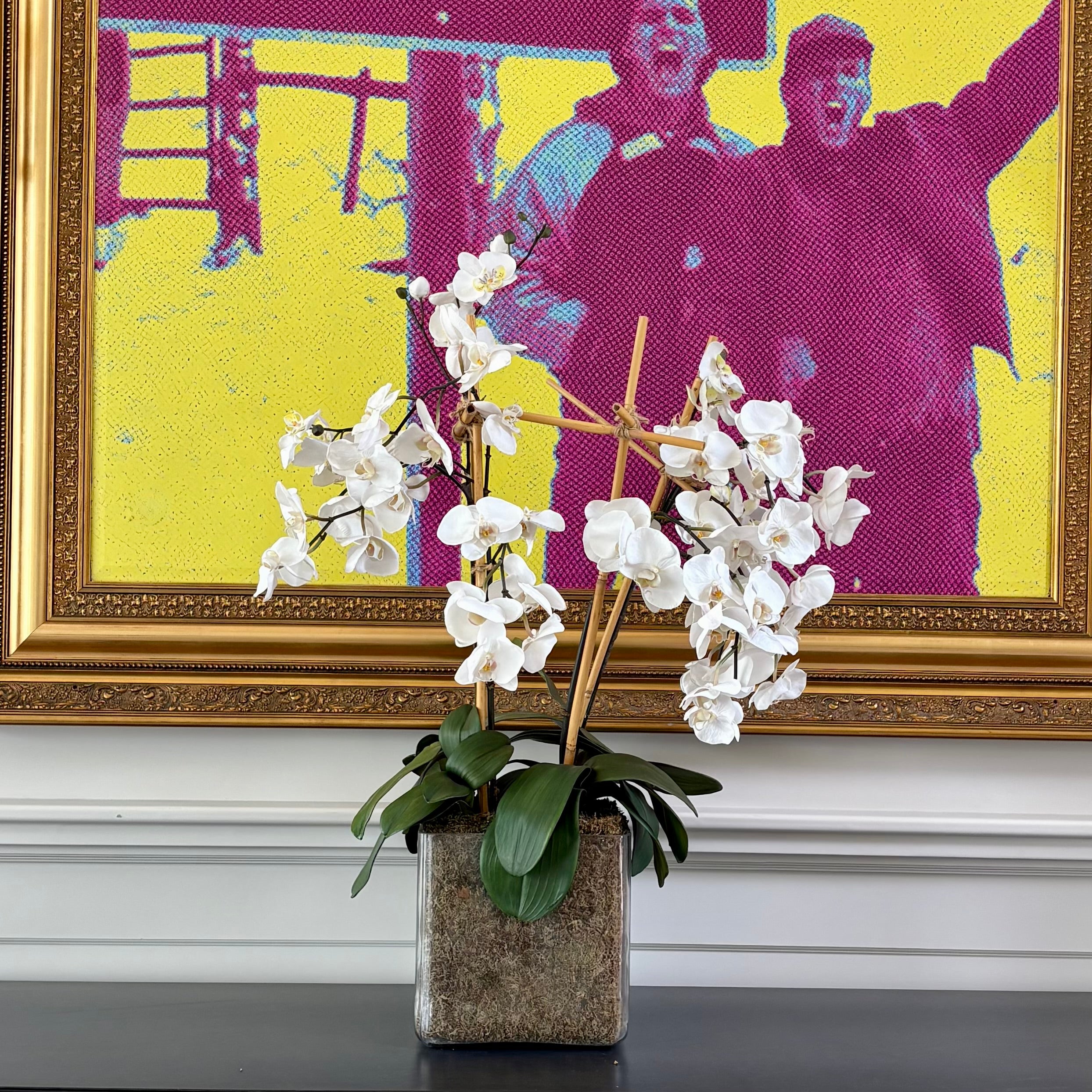 Faux White Orchids in Glass Square Pot