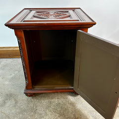 Wood Cabinet, End Cabinet, Red Toned, Ornately Carved