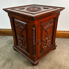 Wood Cabinet, End Cabinet, Red Toned, Ornately Carved
