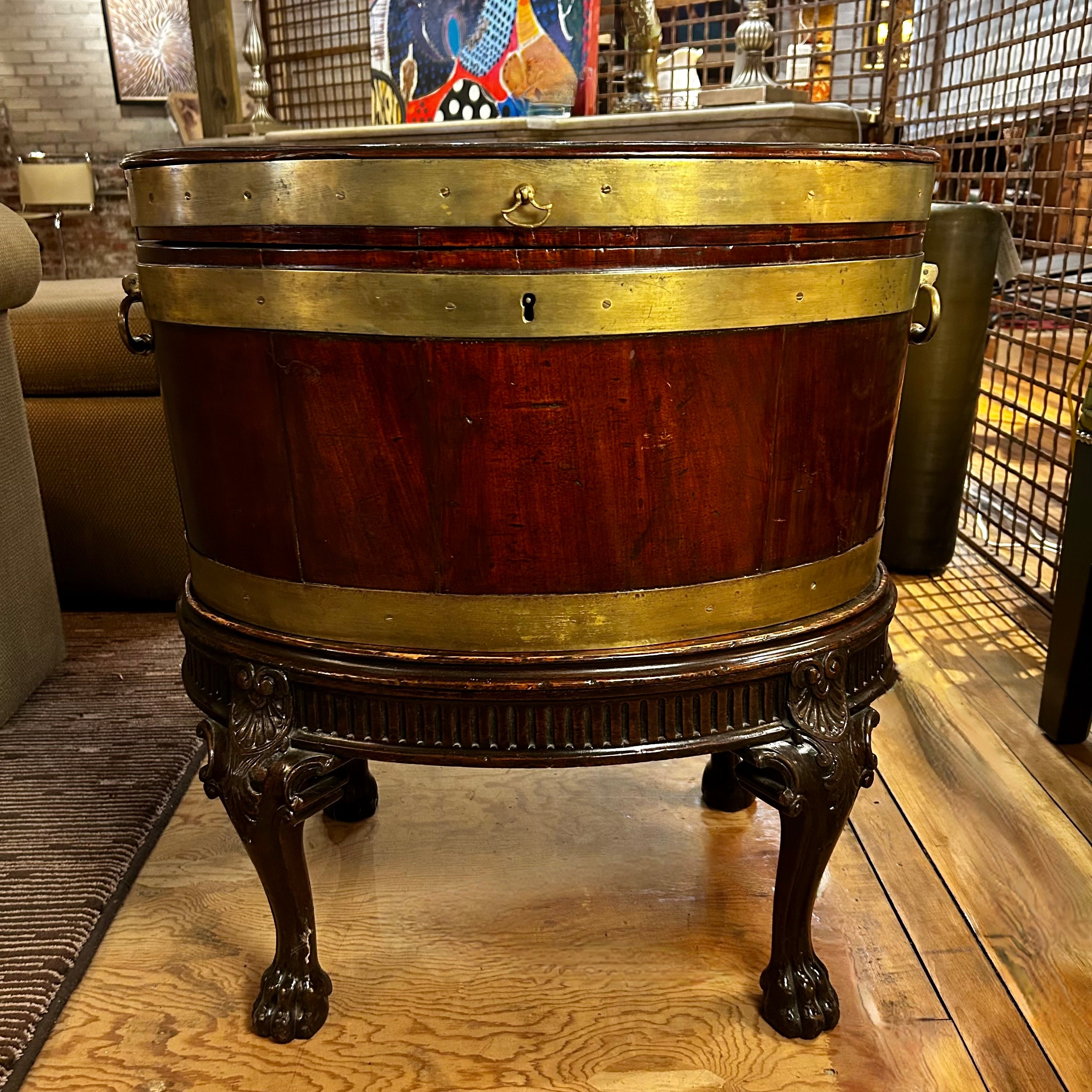 Side Table, George the III Brass Banded Mahogany Cellaret on Claw Foot Stand, Vintage