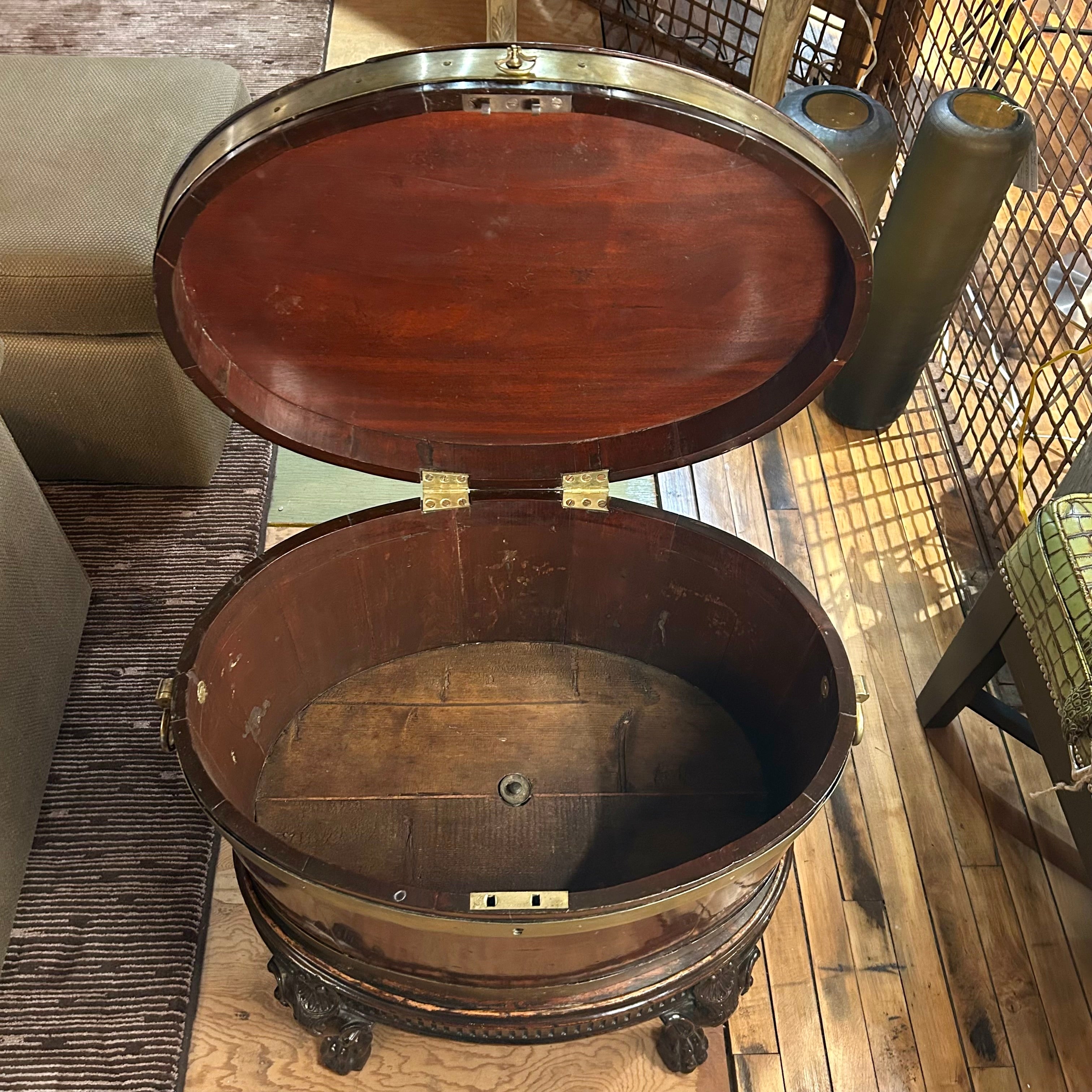 Side Table, George the III Brass Banded Mahogany Cellaret on Claw Foot Stand, Vintage