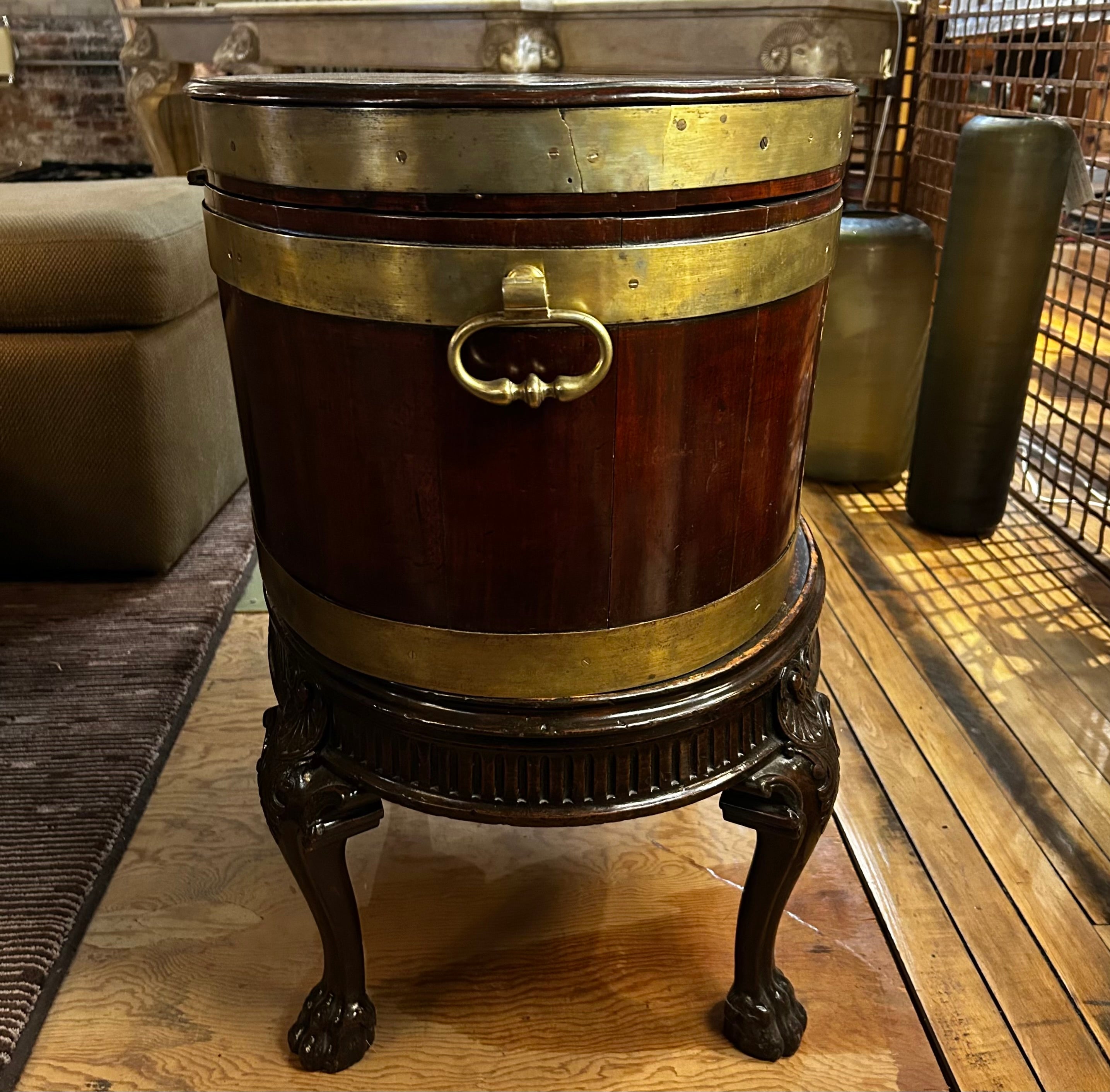 Side Table, George the III Brass Banded Mahogany Cellaret on Claw Foot Stand, Vintage