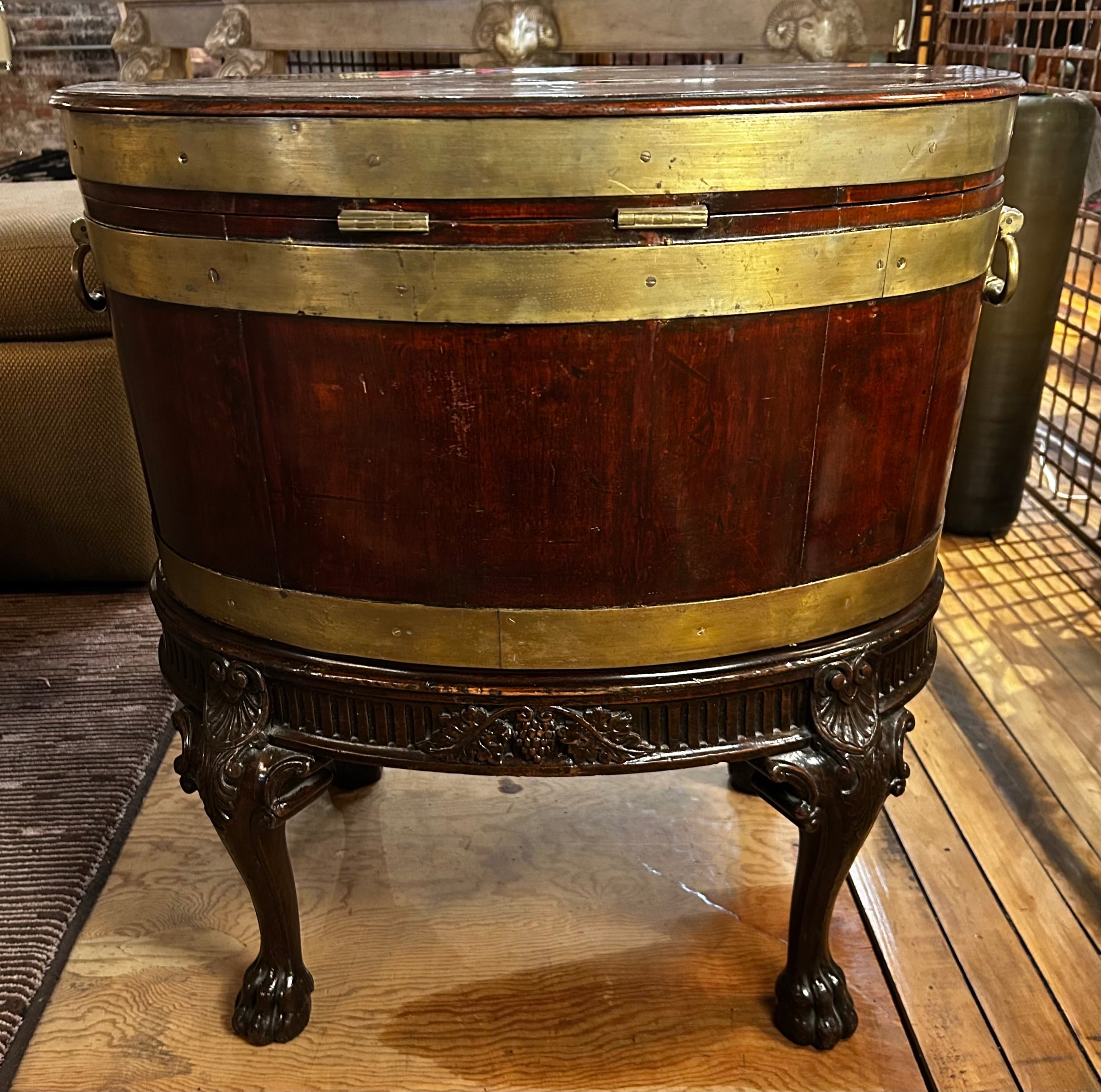 Side Table, George the III Brass Banded Mahogany Cellaret on Claw Foot Stand, Vintage