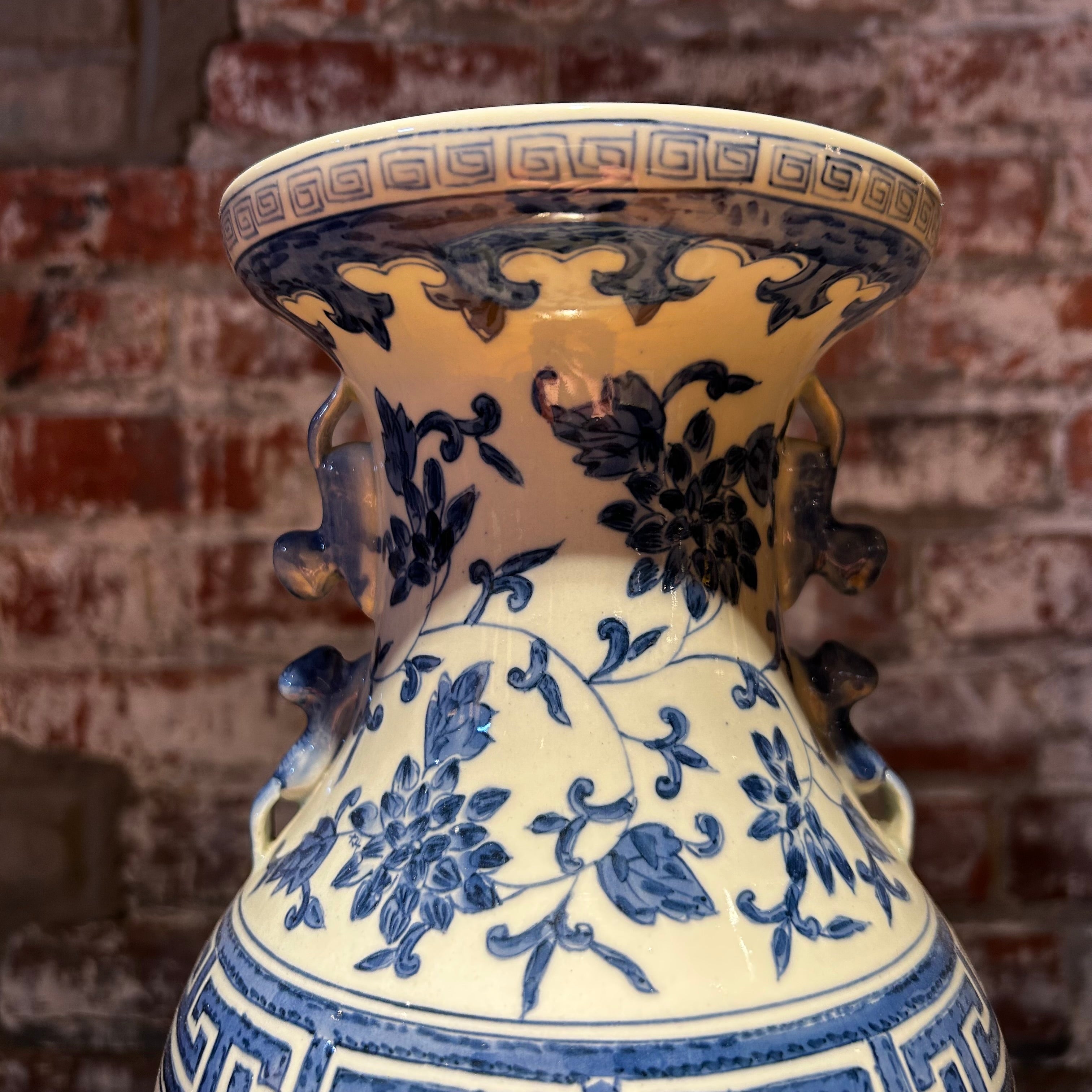 Tall Ceramic Vase, White with Blue Flowers