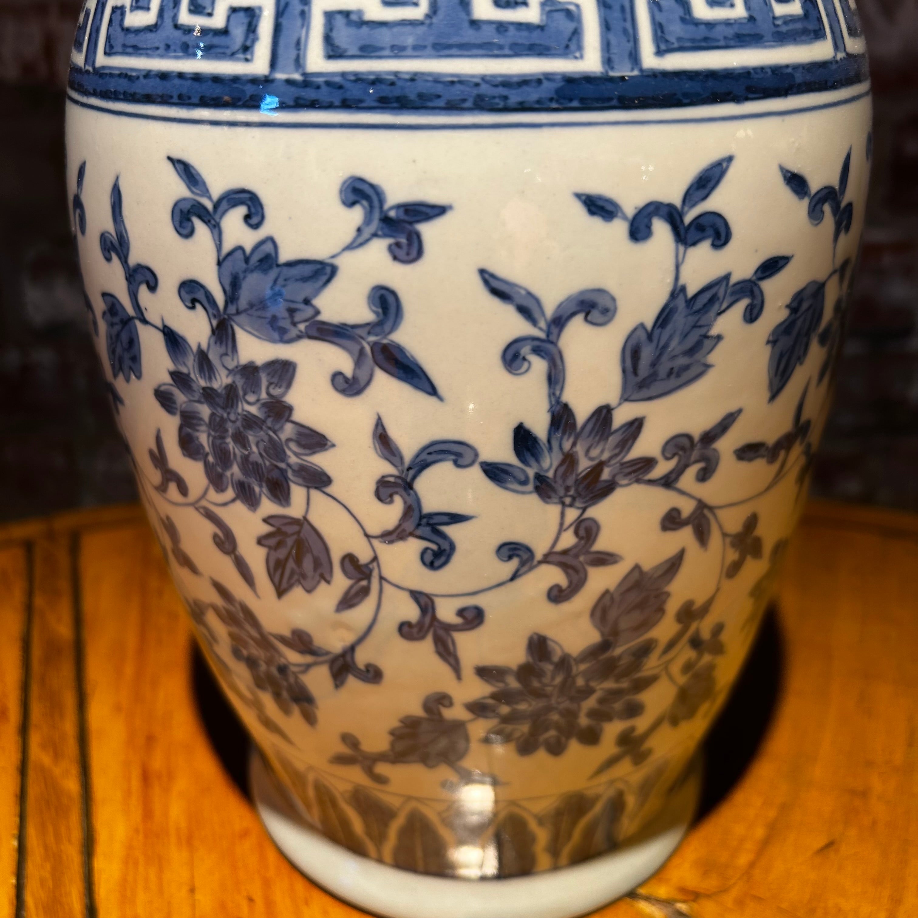 Tall Ceramic Vase, White with Blue Flowers