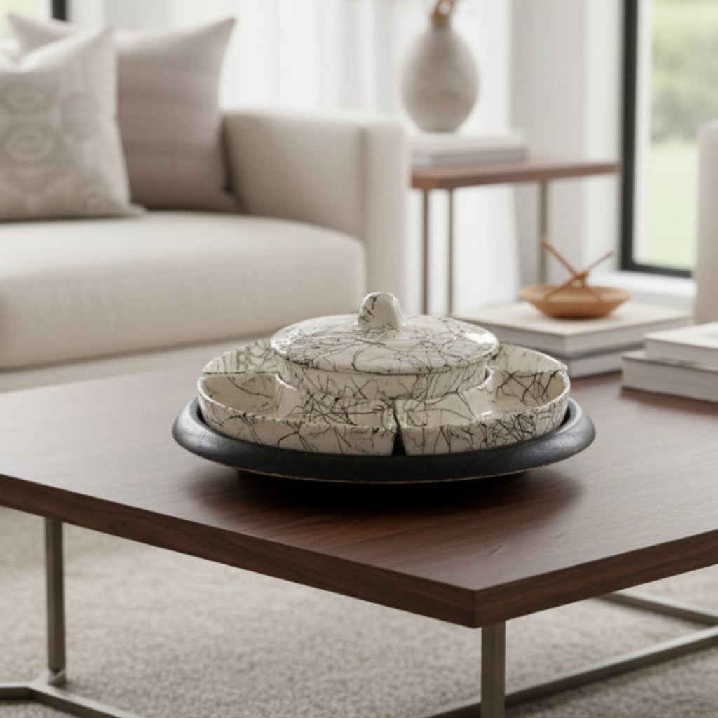 Seven Piece Vintage Hazel Atlas Black Drizzle String Spaghetti Milk Serving Dish, Lazy Susan, sku: 033745