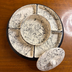 Seven Piece Vintage Hazel Atlas Black Drizzle String Spaghetti Milk Serving Dish, Lazy Susan, sku: 033745