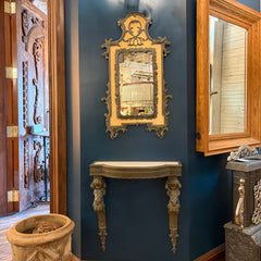 Antique French Renaissance Revival Wall Mounted Console Table, Mirror, Verdigris Finished Metal, Faux Stone, Sku: 033516