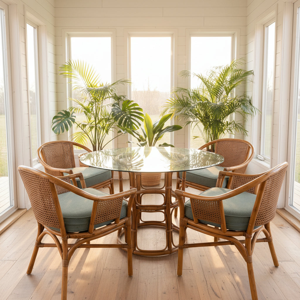 Ficks Reed 5 Piece Dining Set, Rattan, Cane & Round Glass Top, Green Wool Seat Cushions, Sku: 033762