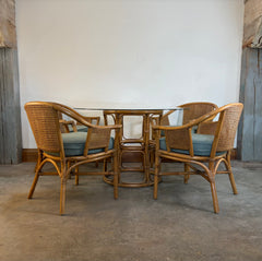 Ficks Reed 5 Piece Dining Set, Rattan, Cane & Round Glass Top, Green Wool Seat Cushions, Sku: 033762