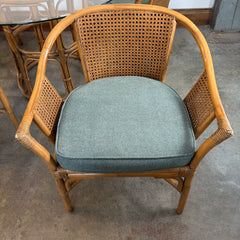 Ficks Reed 5 Piece Dining Set, Rattan, Cane & Round Glass Top, Green Wool Seat Cushions, Sku: 033762