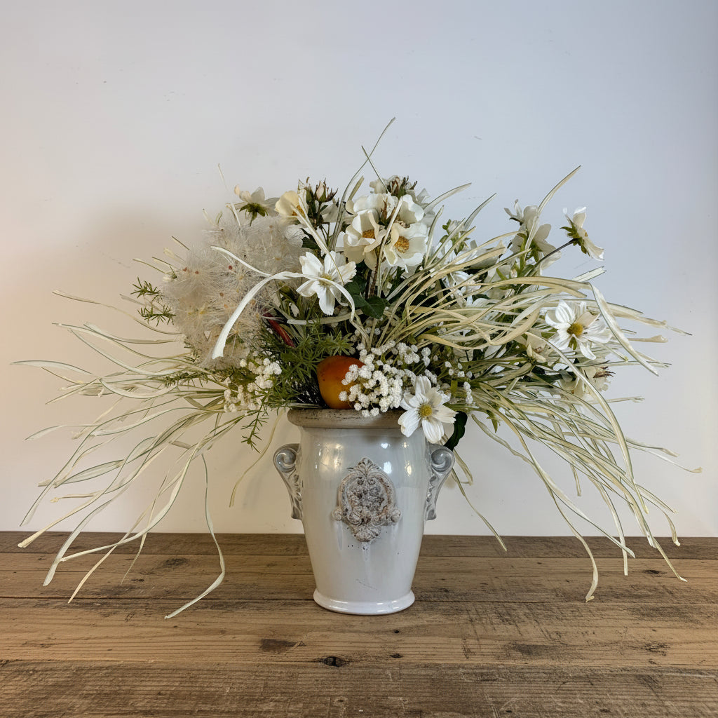 Mockingbird Studio Silk Floral Arrangement Wild Roses, Pear, Light Blue Ceramic Vase, Sku: 033763