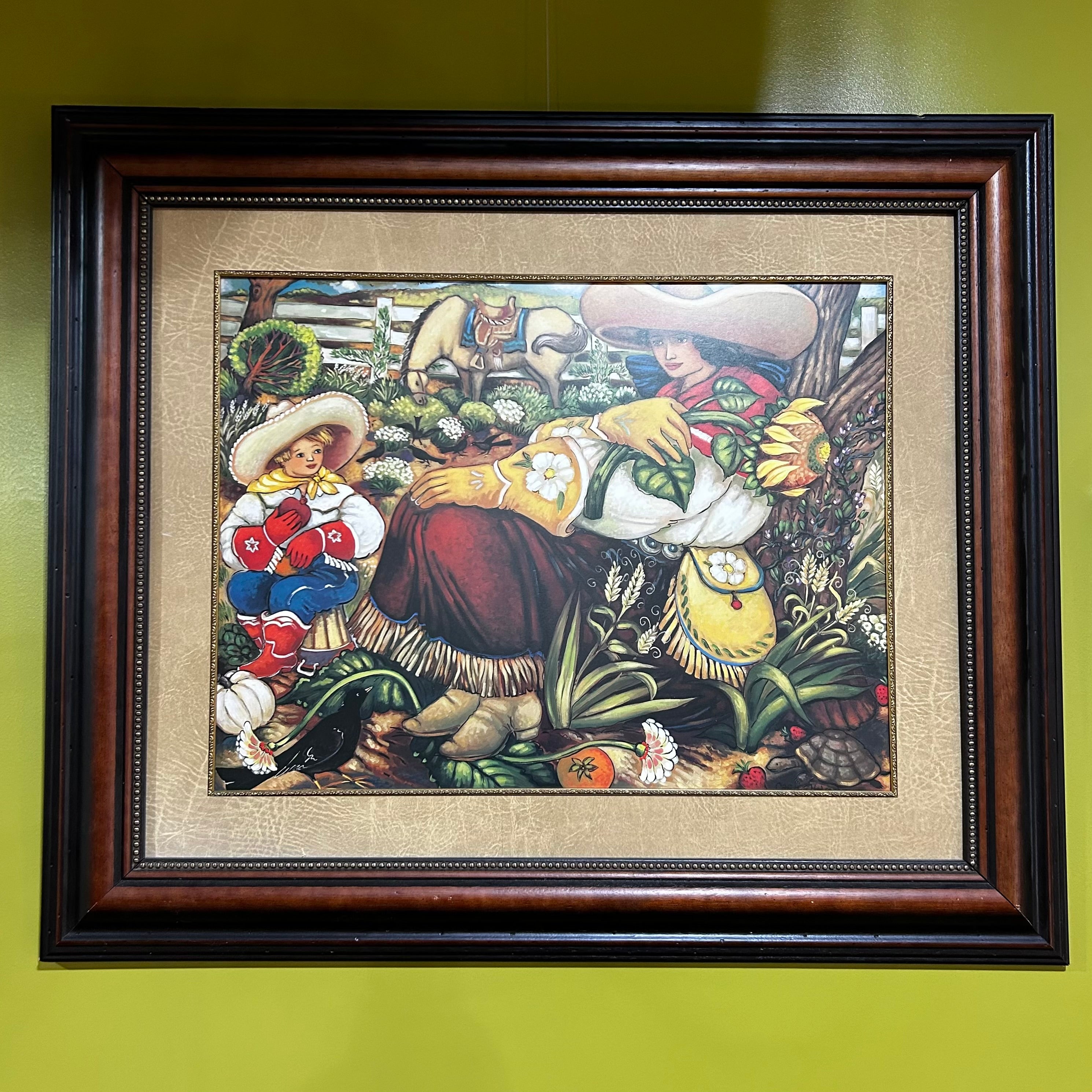 Print, Framed and Matted Farm Scene, Young Cowboy, Cowgirl, Flora and Fauna