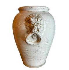 Ceramic Urn, White, with Lions Heads, Rustic, Made In Italy