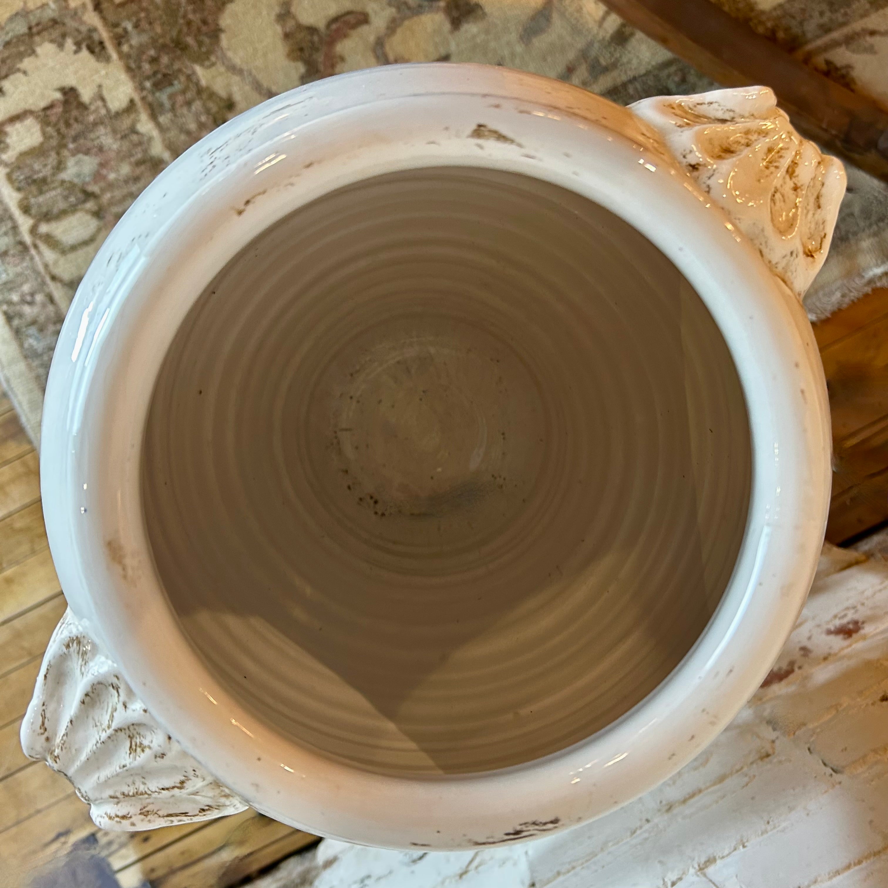 Ceramic Urn, White, with Lions Heads, Rustic, Made In Italy