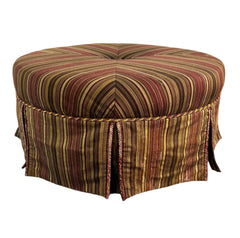 Ottoman, Round, Box Pleated, Red Striped Upholstery Fabric