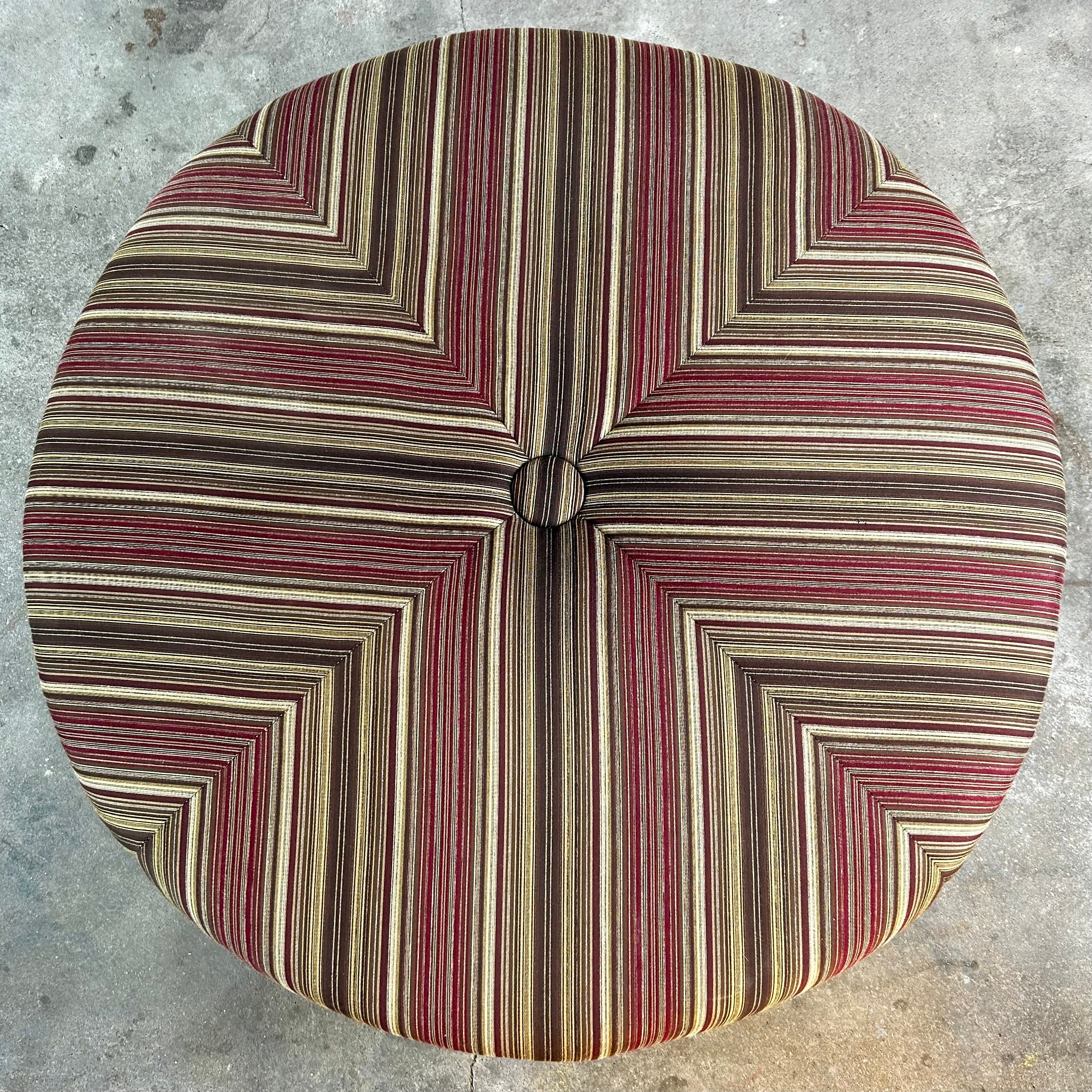 Ottoman, Round, Box Pleated, Red Striped Upholstery Fabric