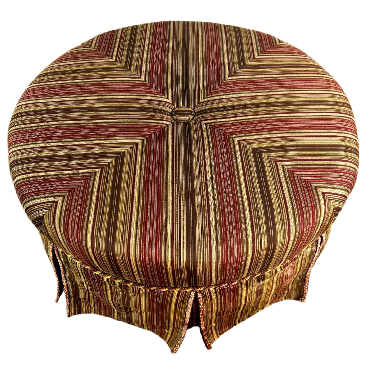 Ottoman, Round, Box Pleated, Red Striped Upholstery Fabric