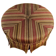 Ottoman, Round, Box Pleated, Red Striped Upholstery Fabric