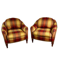 Sherrill Furniture Company Plaid Barrel Chairs, Pair