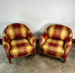 Sherrill Furniture Company Plaid Barrel Chairs, Pair