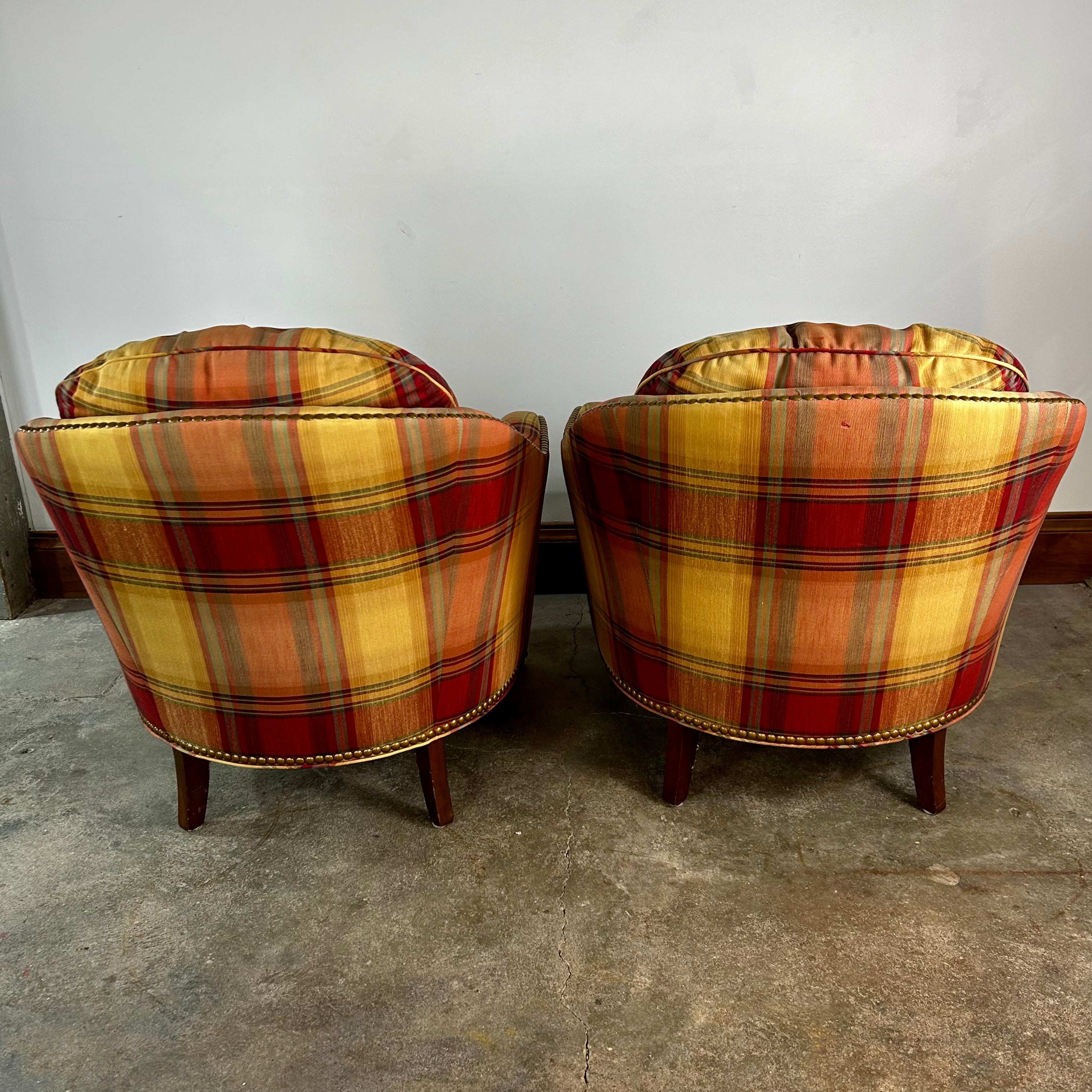 Sherrill Furniture Company Plaid Barrel Chairs, Pair