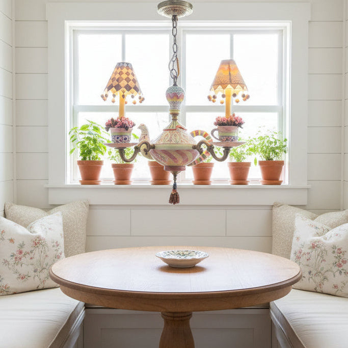 Mackenzie Childs Tea Party Chandelier, Whimsical, Four Light, Porcelain, sku: 033956