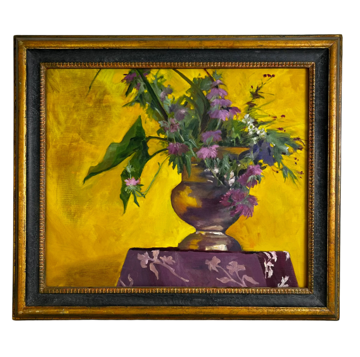 Original Art, Purple Bouquet, Copper Pot, Yellow Background, Framed