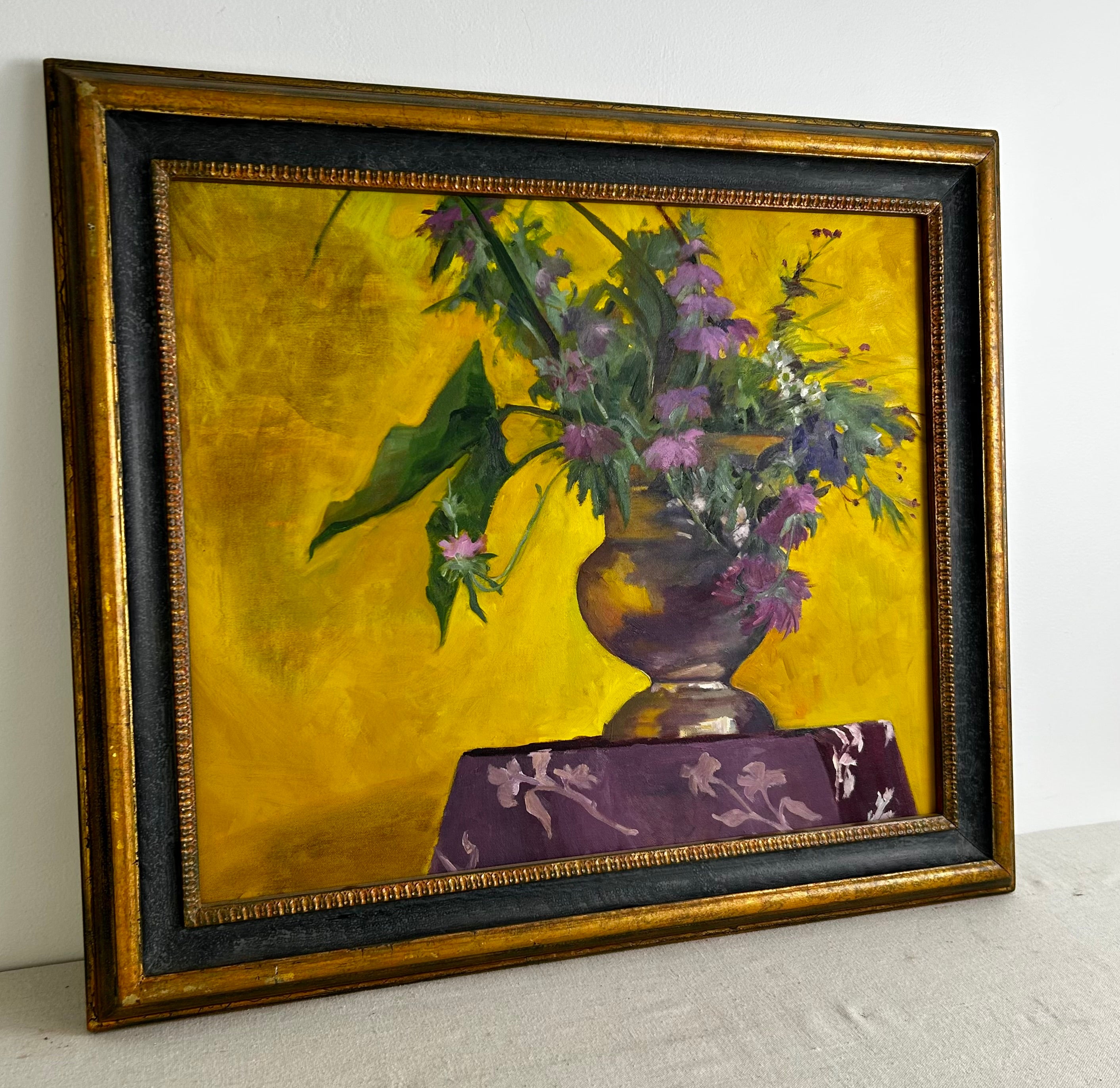 Original Art, Purple Bouquet, Copper Pot, Yellow Background, Framed