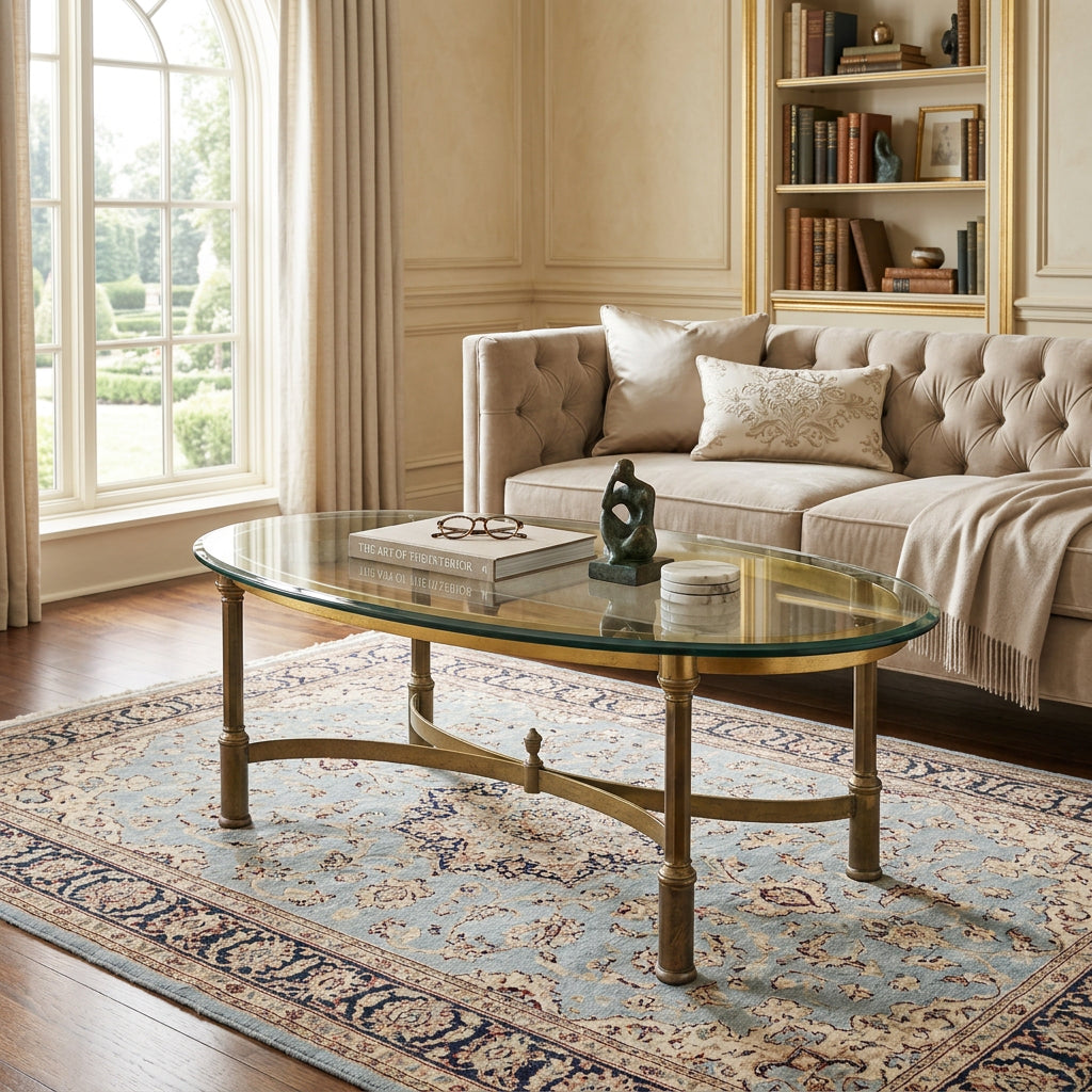 Brass Base Oval Cocktail Table, Bevelled Edge Glass Top, Sku 034065