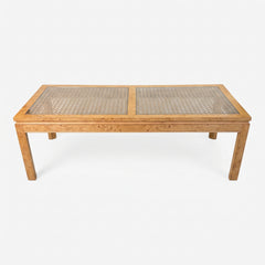 Fine Arts Furniture Co. Coffee Table, Rectangular, Burled Wood, Cane, Glass Top, Sku 034071