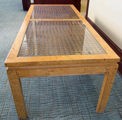 Fine Arts Furniture Co. Coffee Table, Rectangular, Burled Wood, Cane, Glass Top, Sku 034071