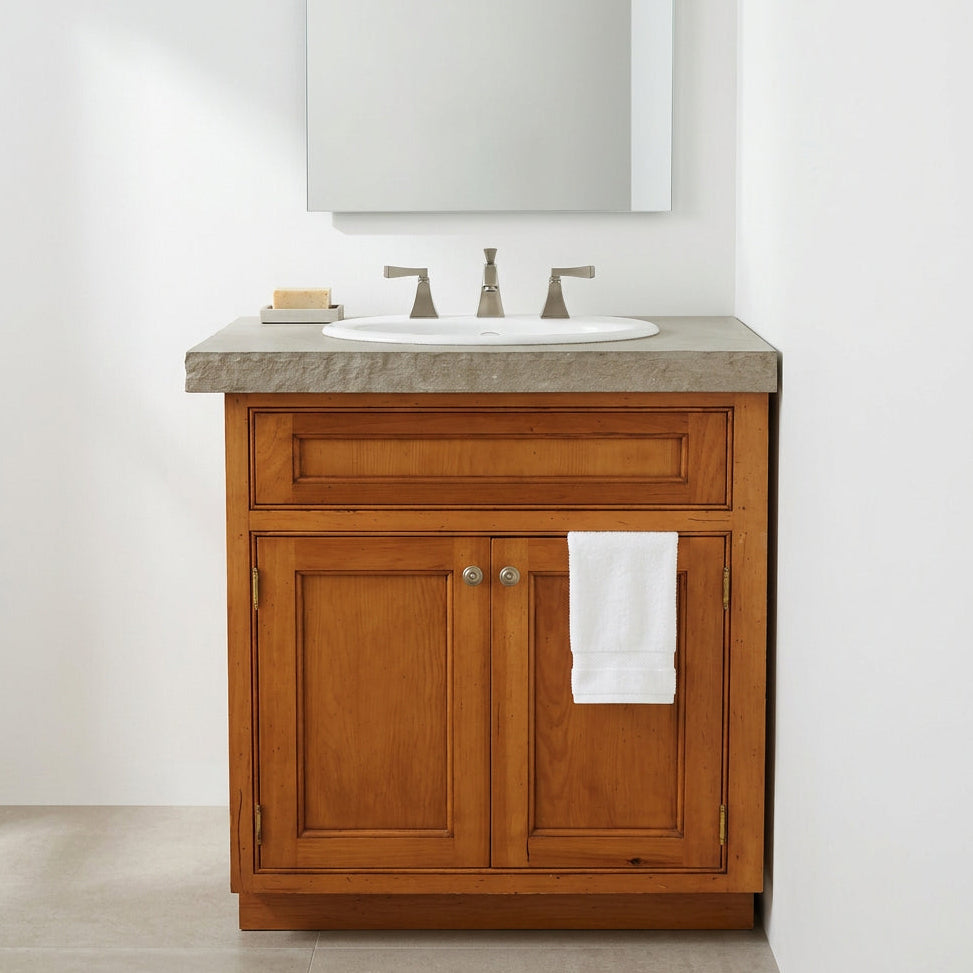 Vanity, Kohler Sink, Brushed Nickel Faucet, Concrete Top, Chiseled Edge, Blonde Wood Cabinet, Sku: 034111