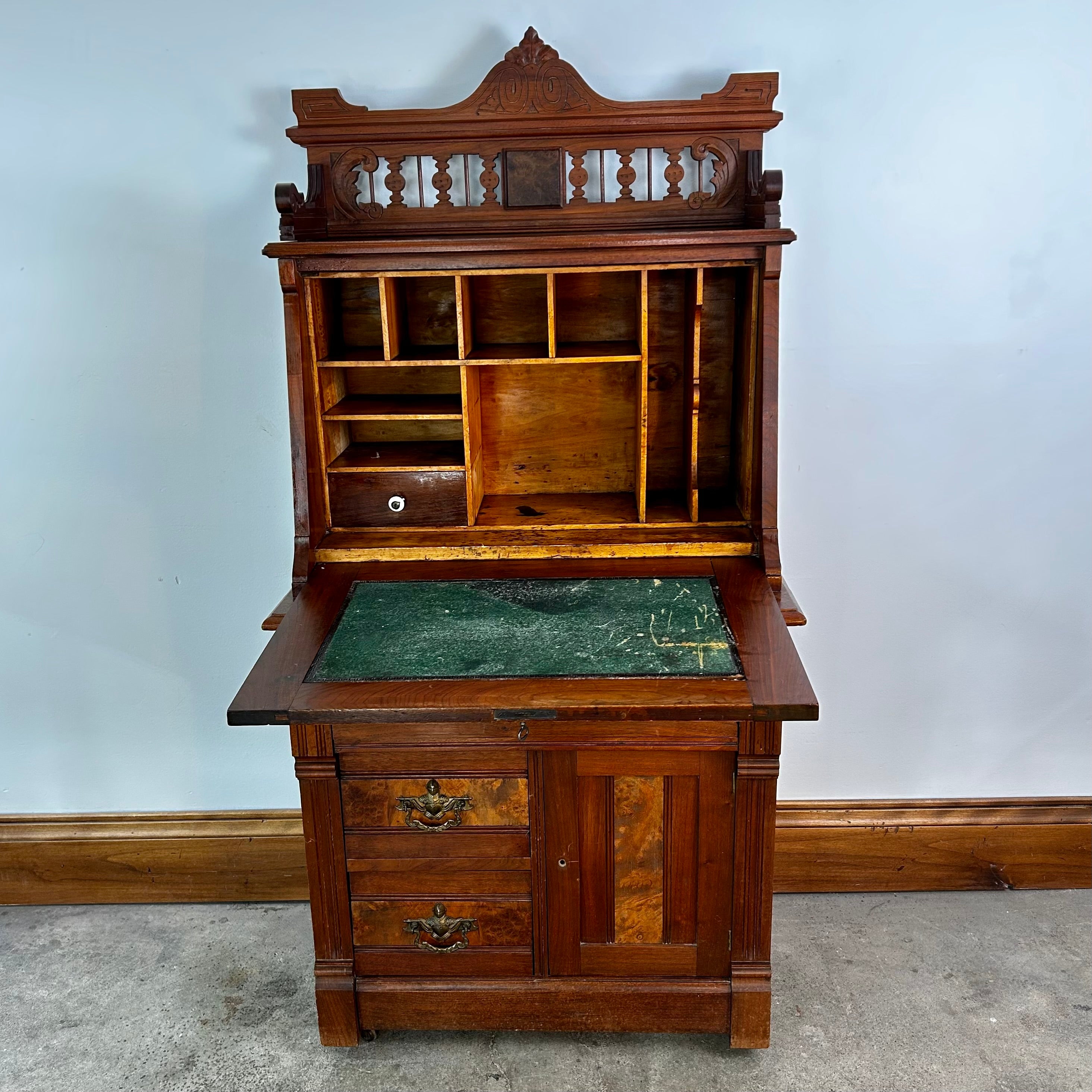 Antique Secretary Walnut Victorian Desk, 1880's Pediment Rail