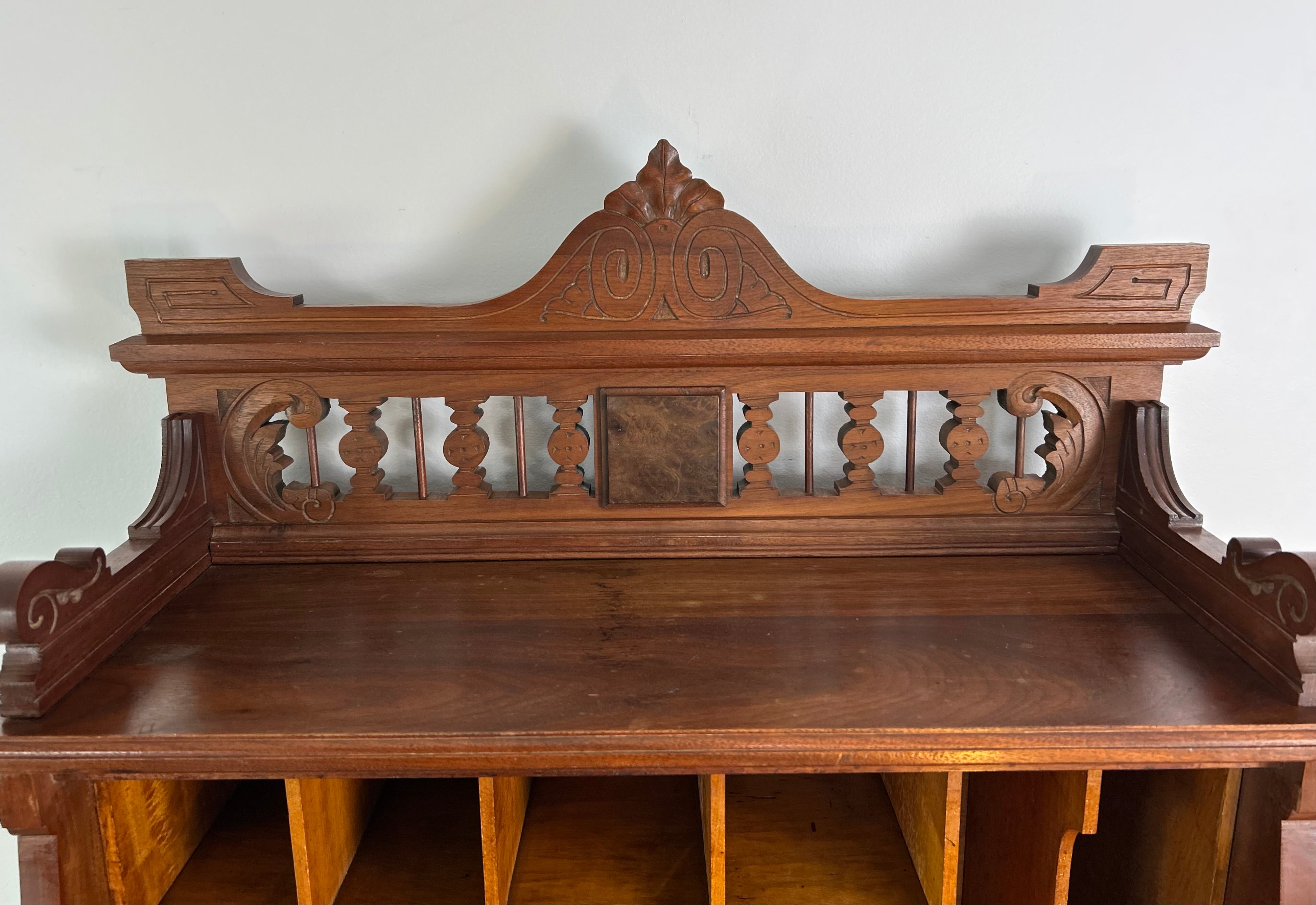 Antique Secretary Walnut Victorian Desk, 1880's Pediment Rail