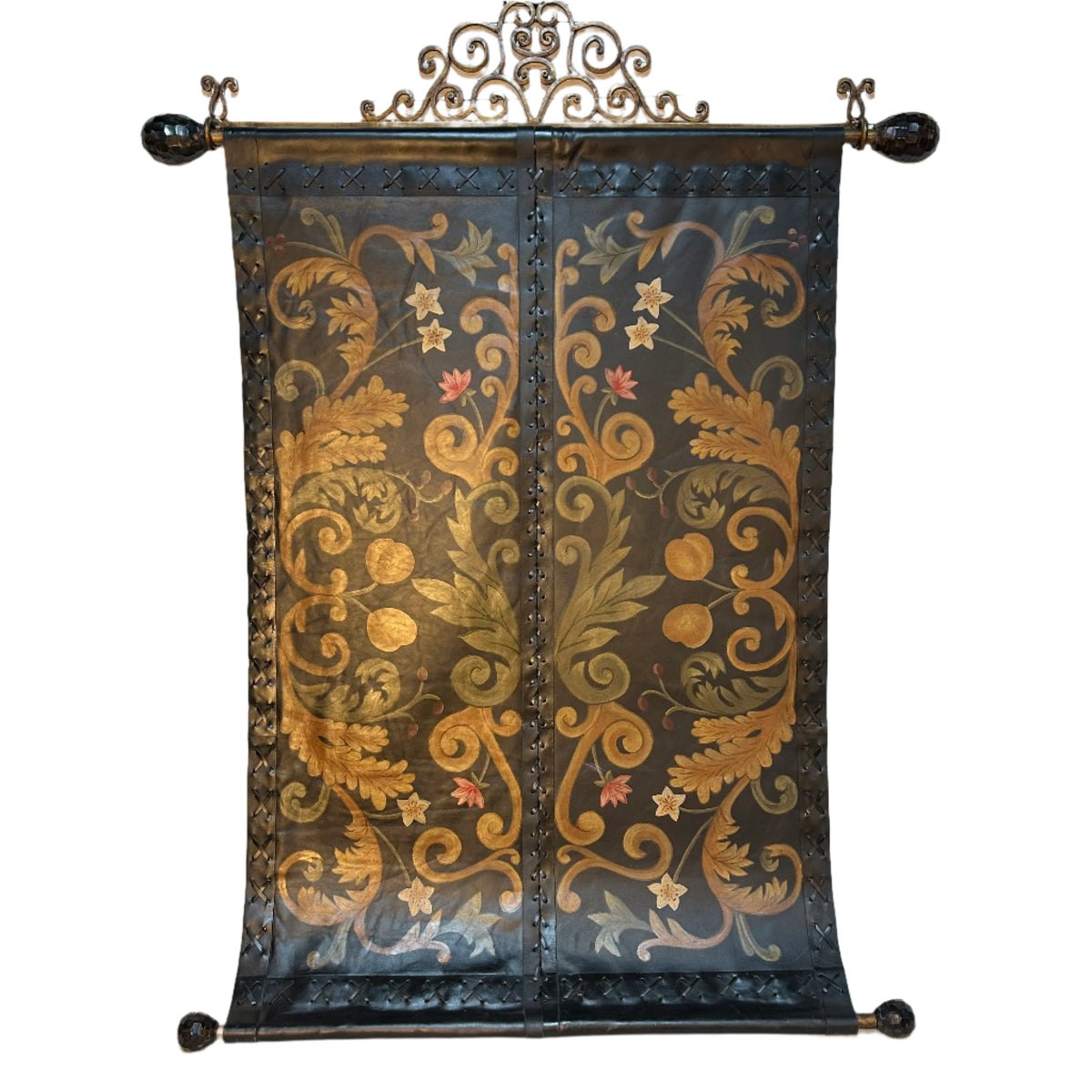 Leather Wall Hanging, Hand Painted with Metal Hardware