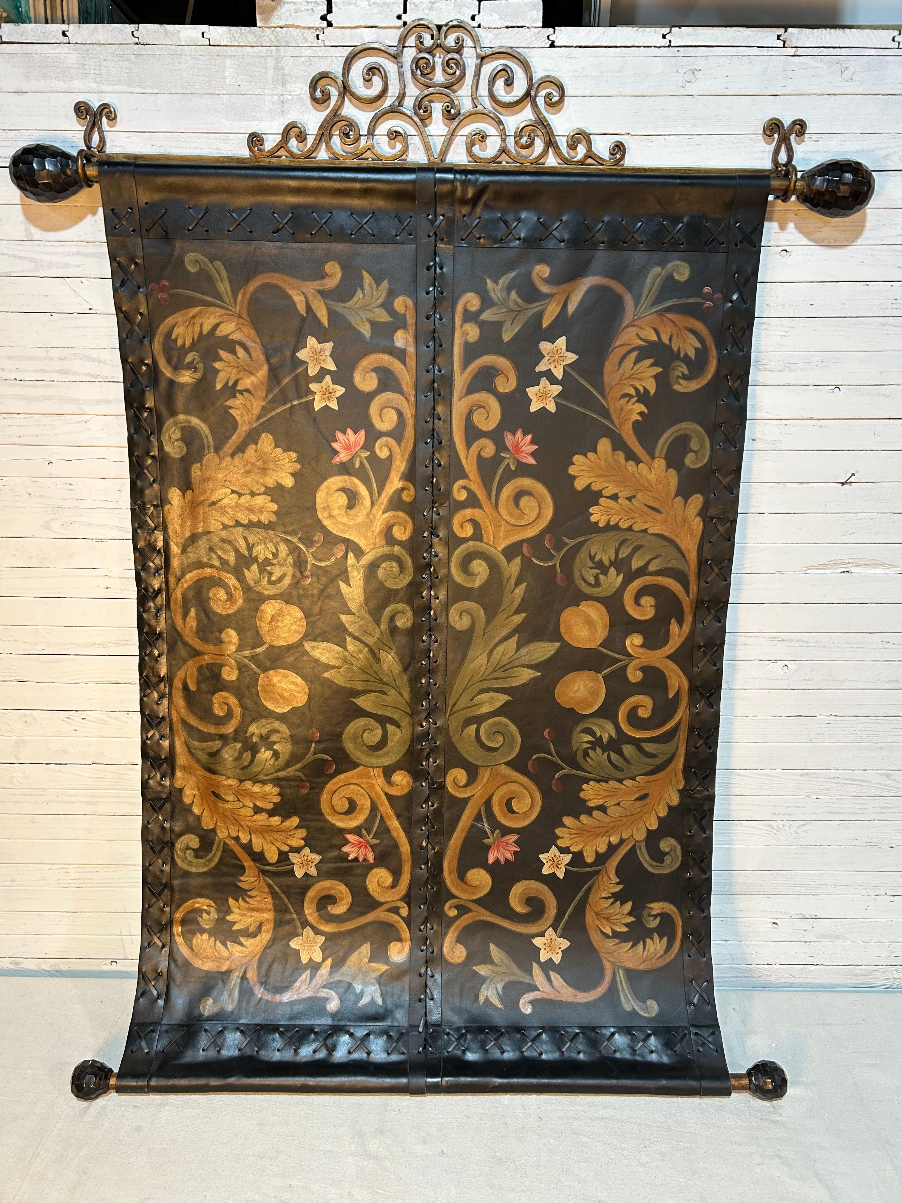 Leather Wall Hanging, Hand Painted with Metal Hardware