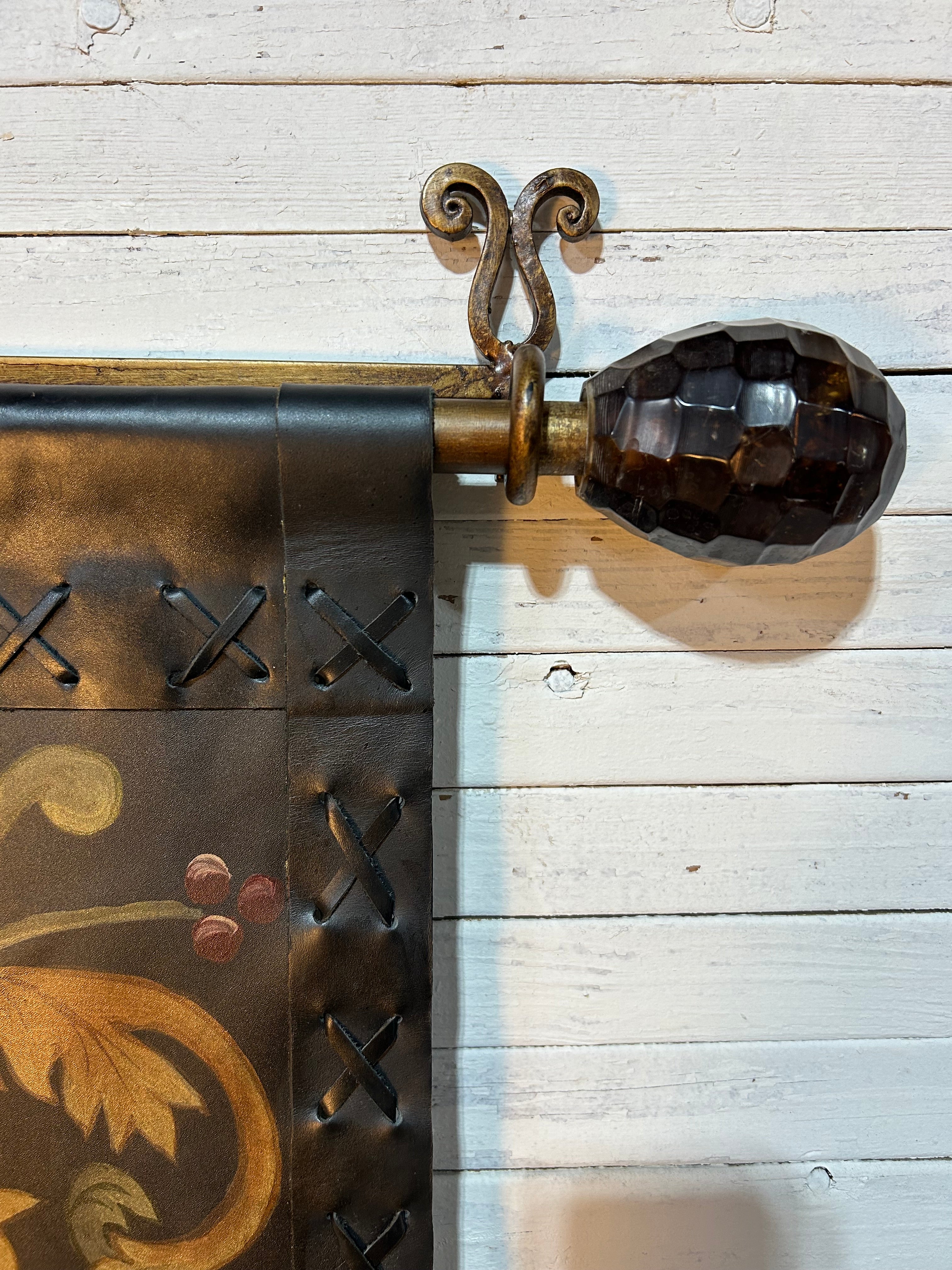 Leather Wall Hanging, Hand Painted with Metal Hardware