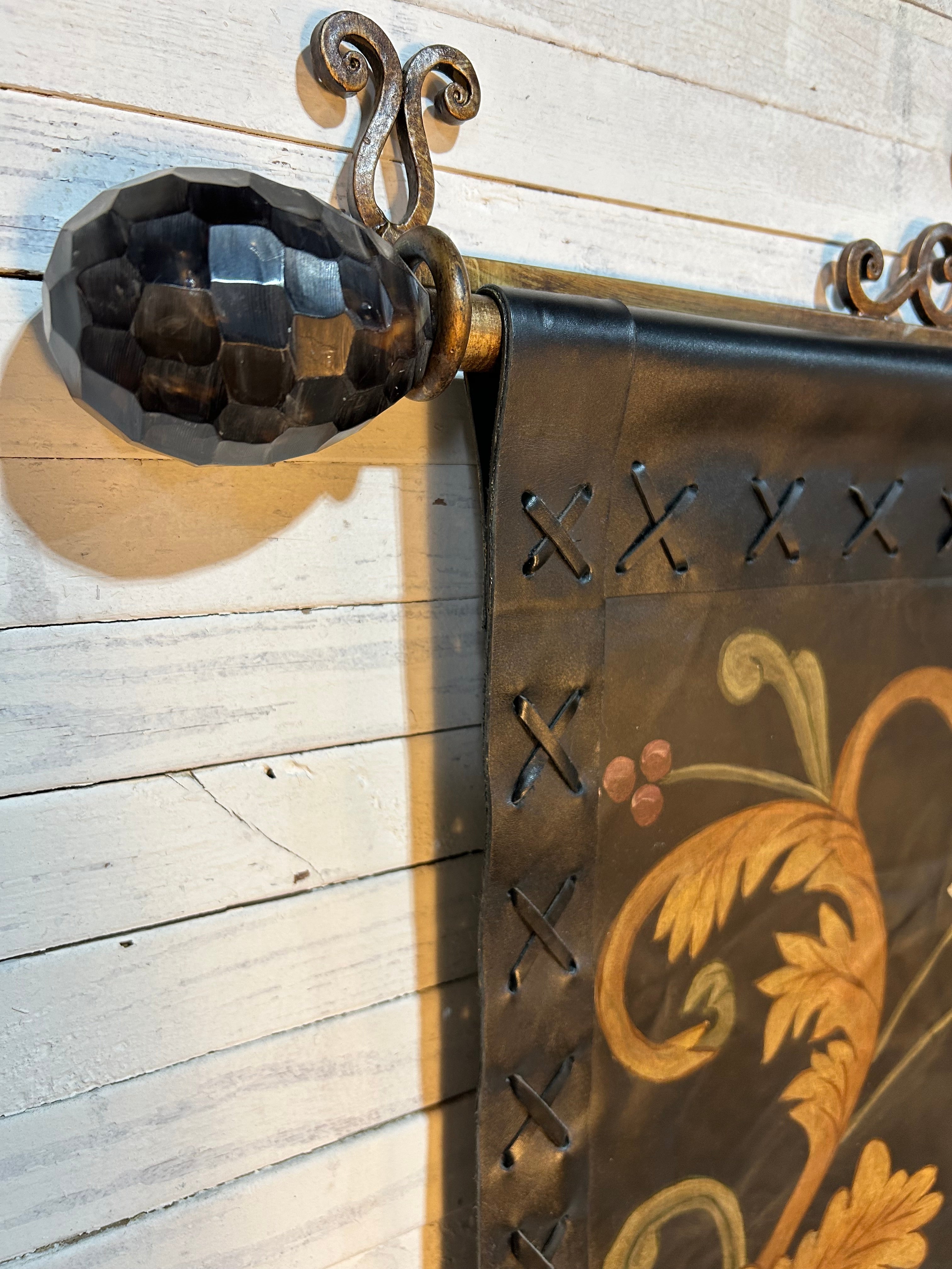Leather Wall Hanging, Hand Painted with Metal Hardware