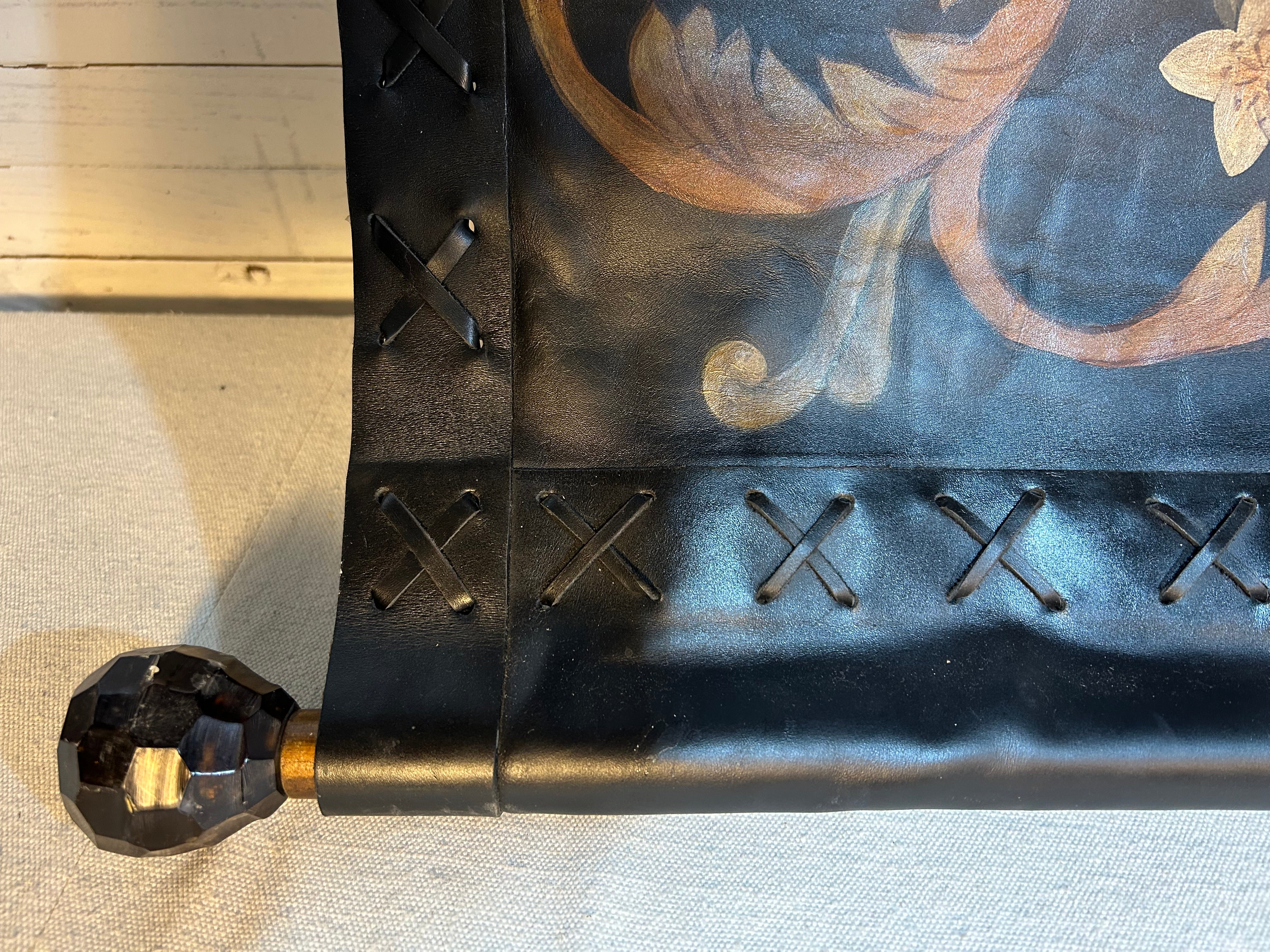 Leather Wall Hanging, Hand Painted with Metal Hardware