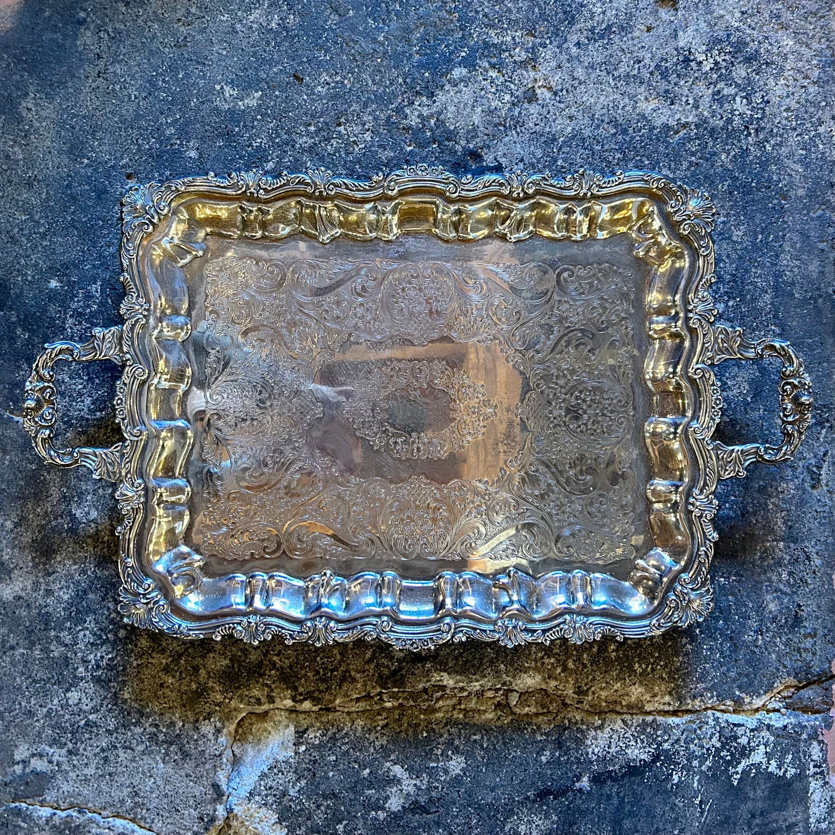 Silver Plated Tray with Handles, Ornate