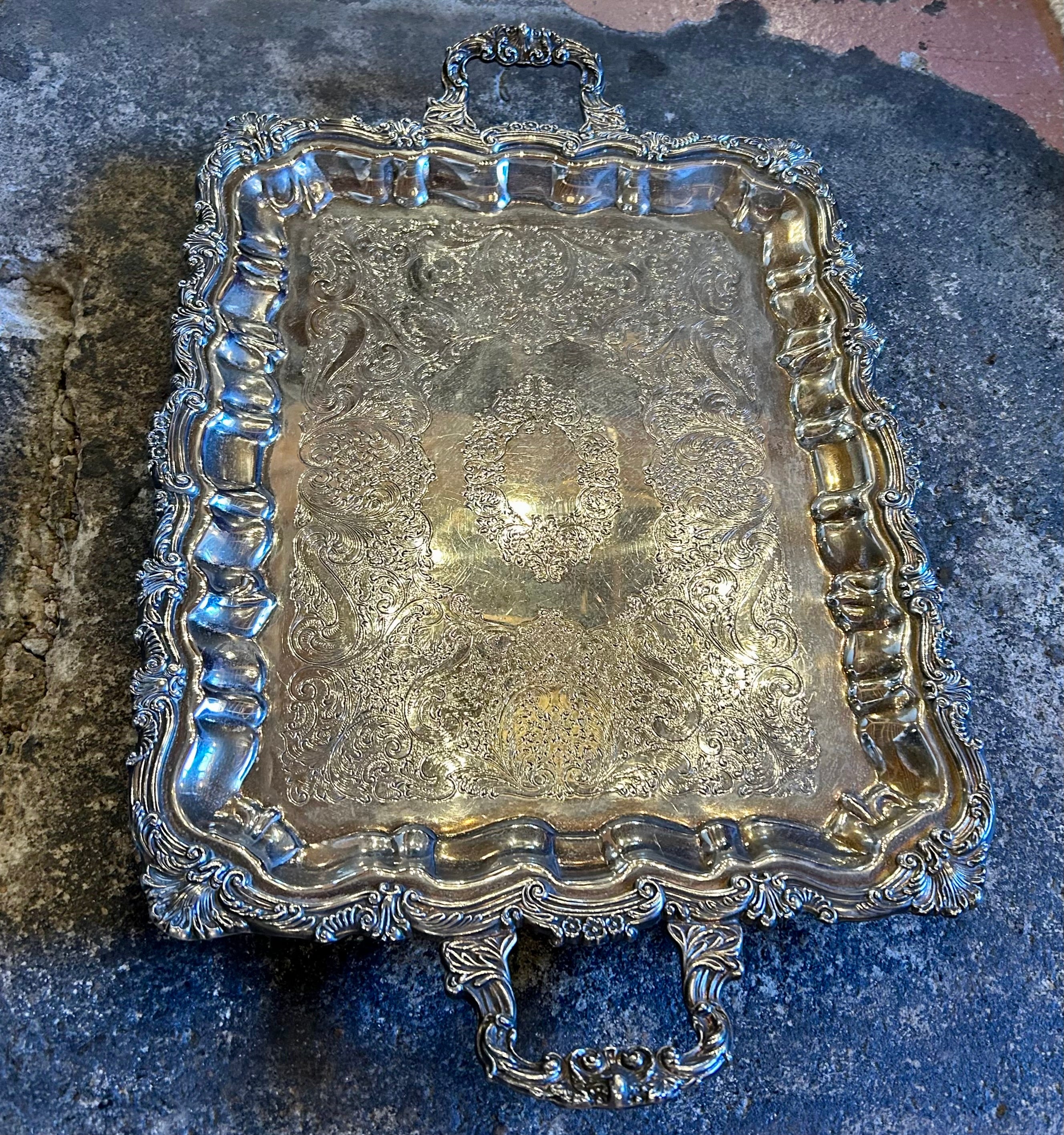 Silver Plated Tray with Handles, Ornate