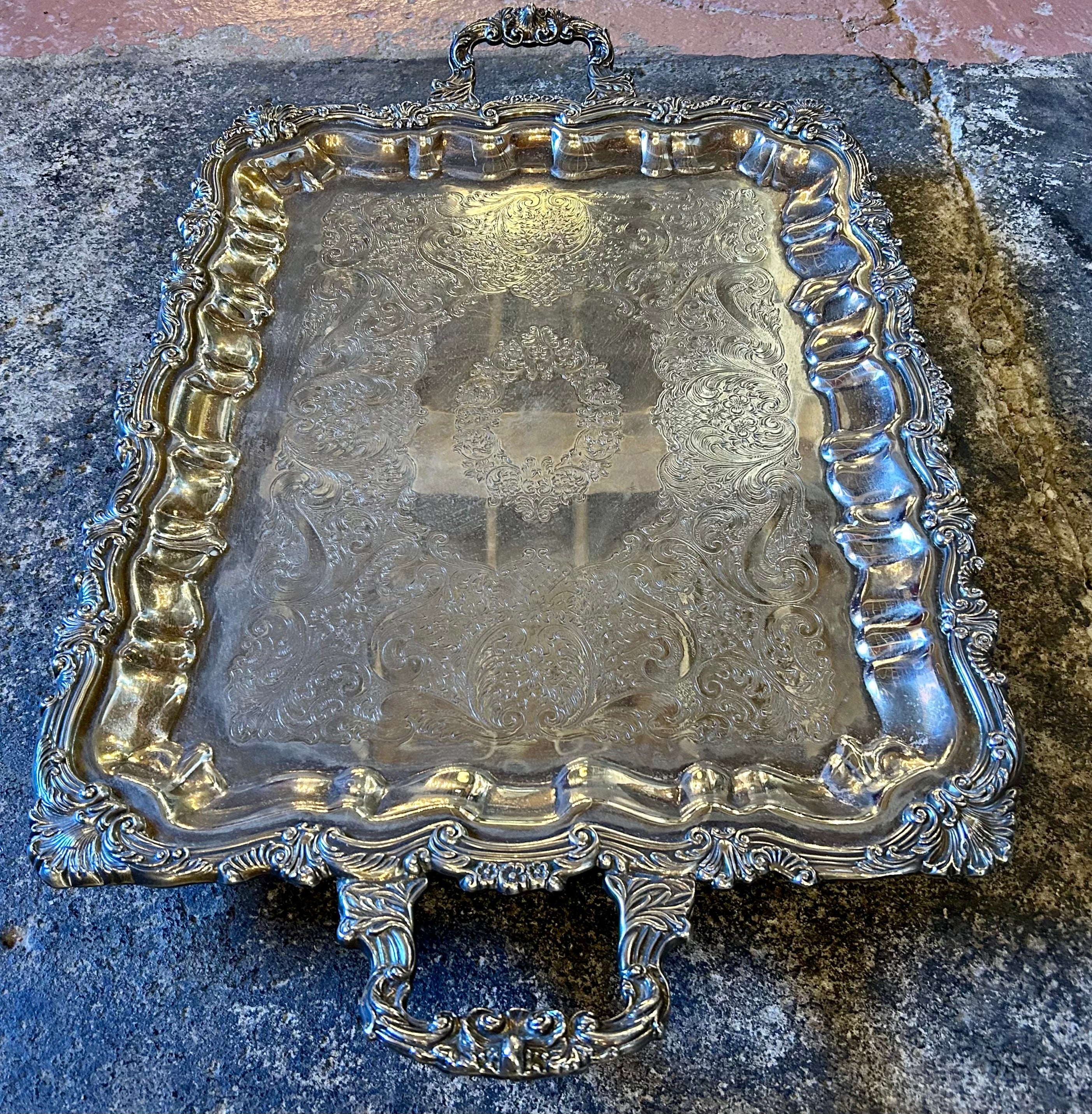 Silver Plated Tray with Handles, Ornate