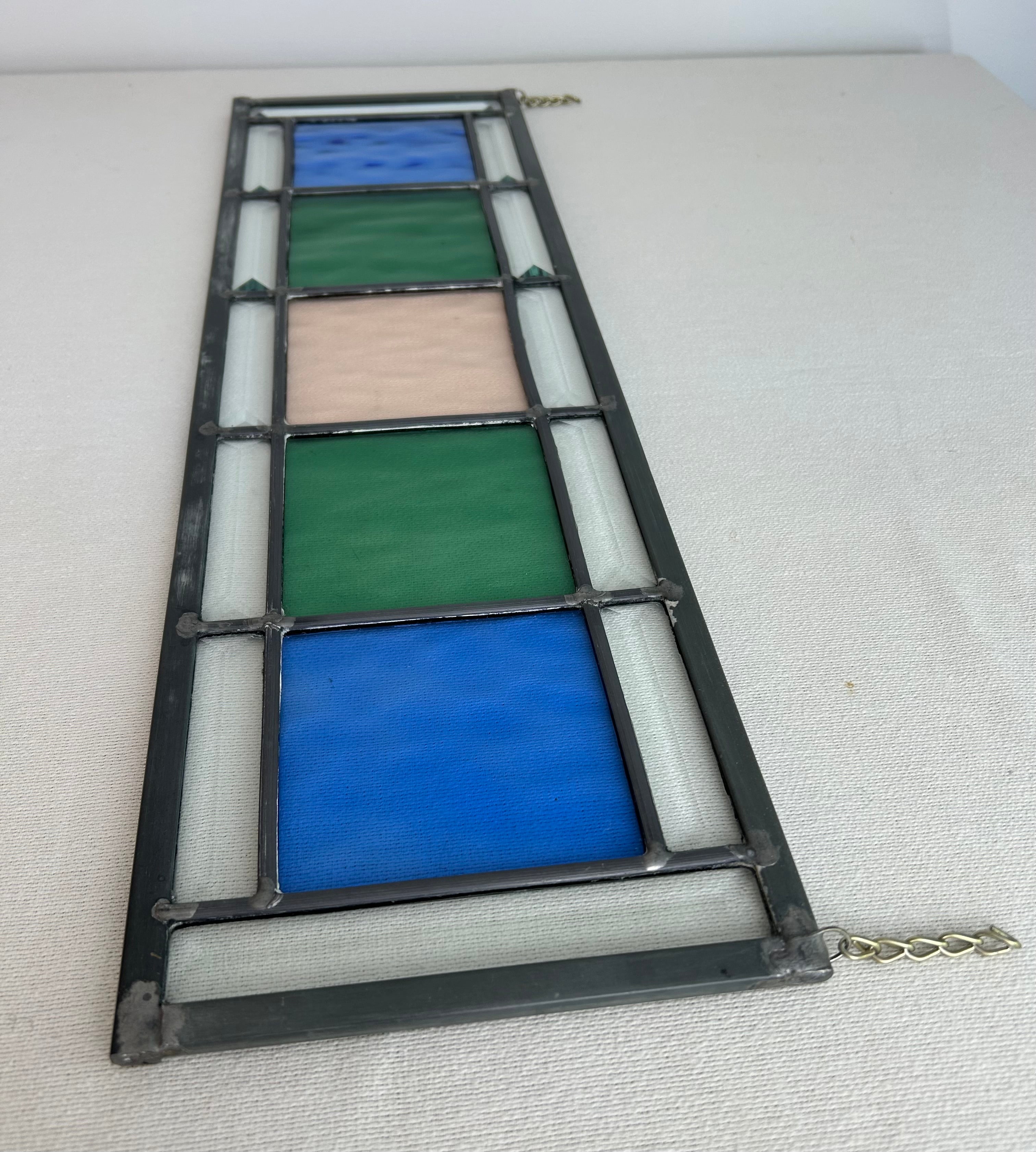 Stained Glass Panel with Faceted Edge, Blue, Green, Beige