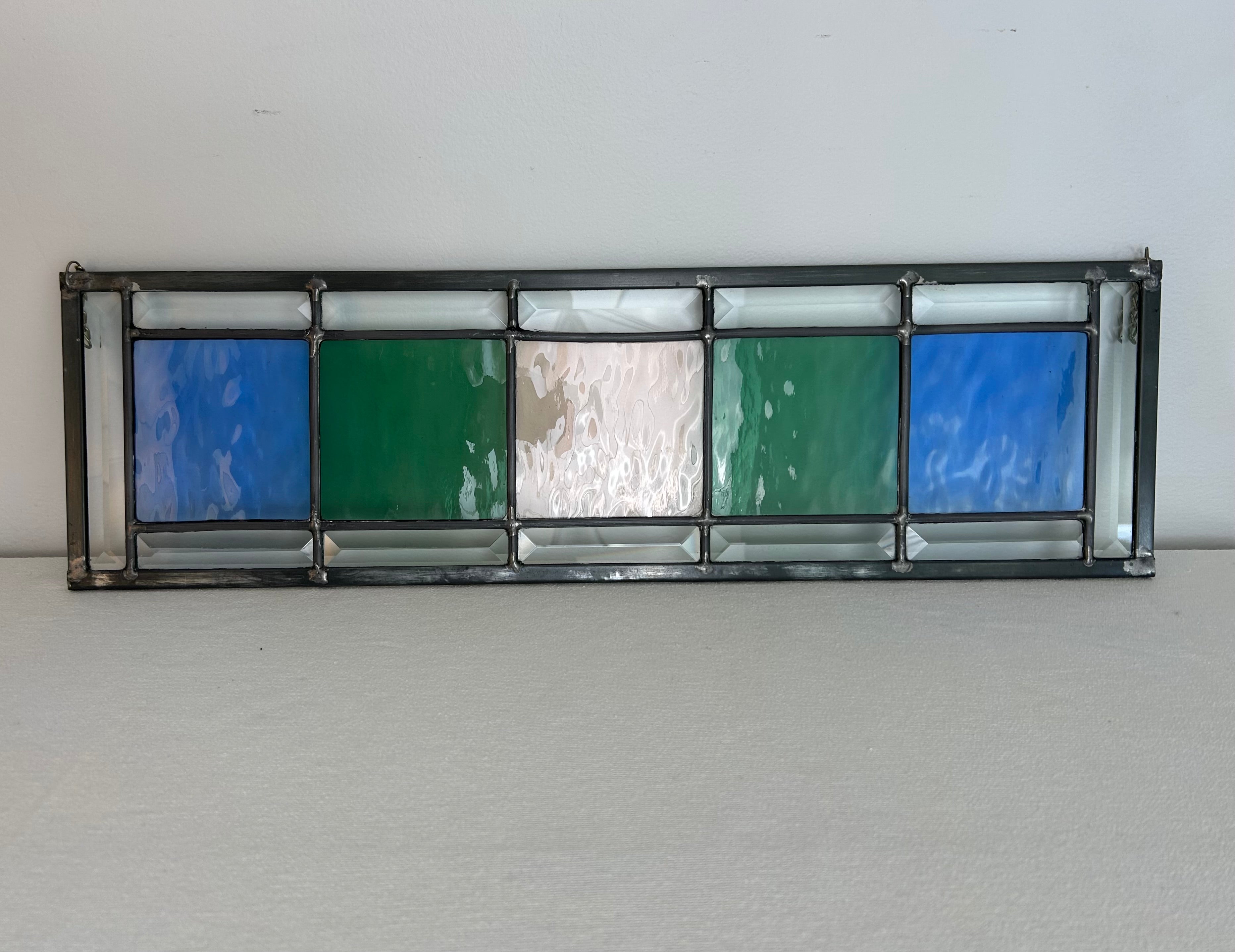 Stained Glass Panel with Faceted Edge, Blue, Green, Beige